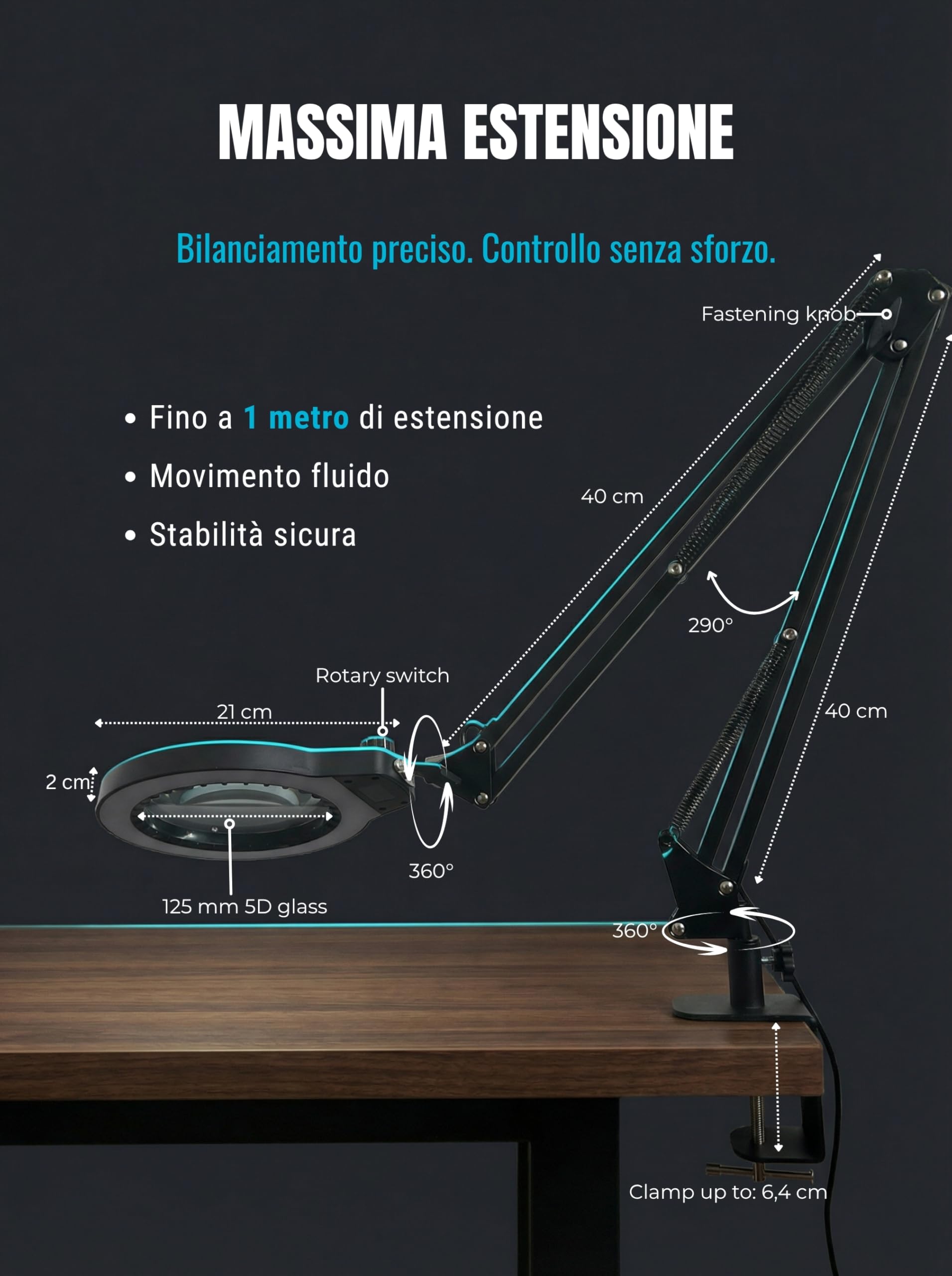 Lampada Lente d'Ingrandimento con Morsetto, Grande Lente 5D | Vetro 12,5 cm, 100 LED, 5 Colori, Manopola Sulla Testa, Braccio 1 M, Alimentatore 12V, Morsetto 6,4 cm, Precisione