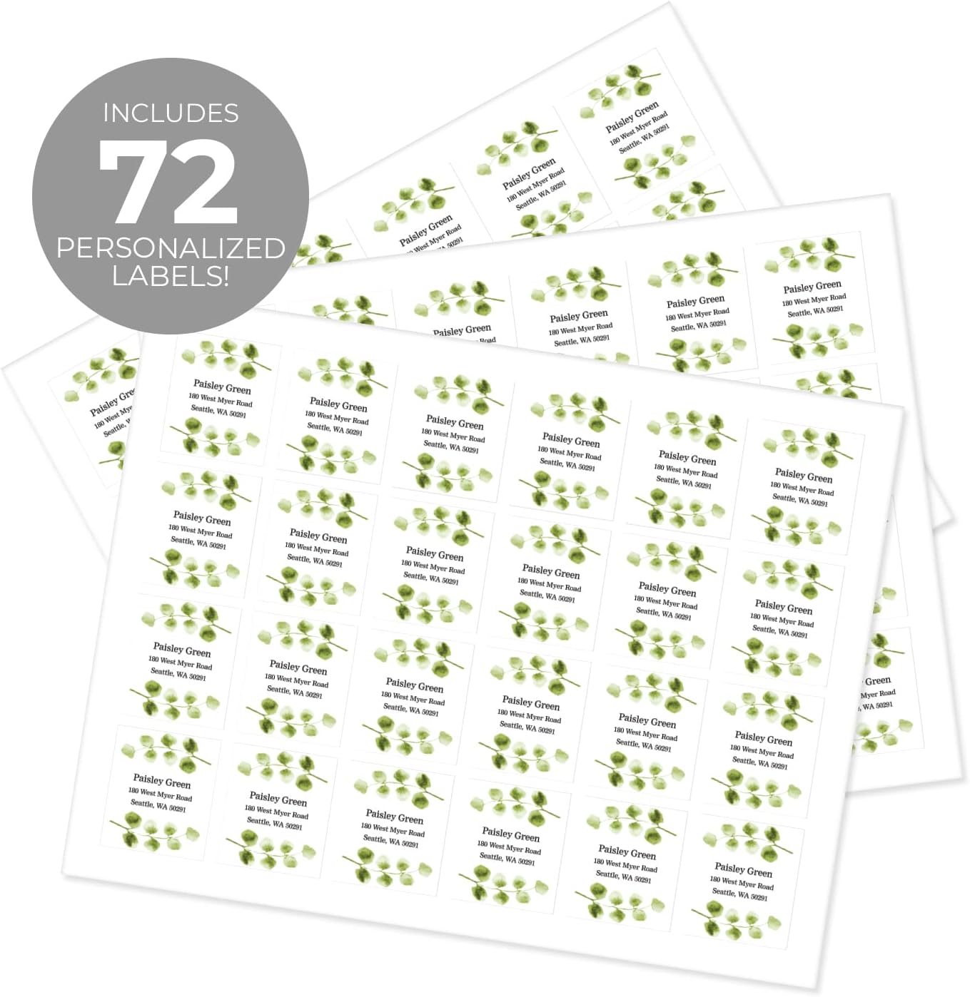 Simple Modern Greenery Personalized Address Labels / 72 Custom Botanical Sheeted Labels / 1.5" x 1.75" Elegant Name Return Address Tags/Made in USA