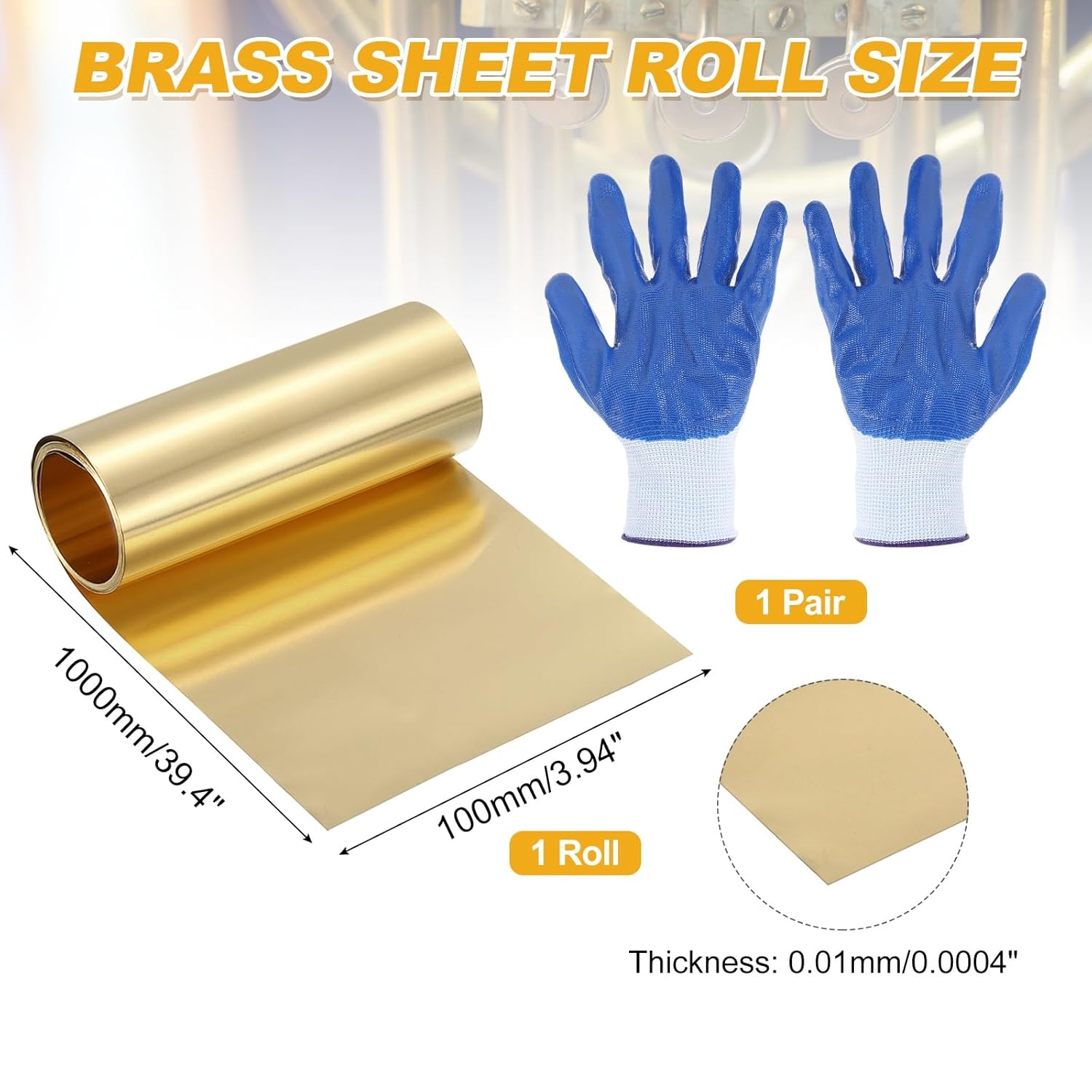 MECCANIXITY Metal Brass Sheet Roll, 0.0004"x3.94"x39.4"(0.01x100x1000mm) H62 Brass Strip Foil Plate Roll Metal Thin Sheet with Protective Glove for DIY Craft Making Electrical Repair, Gold