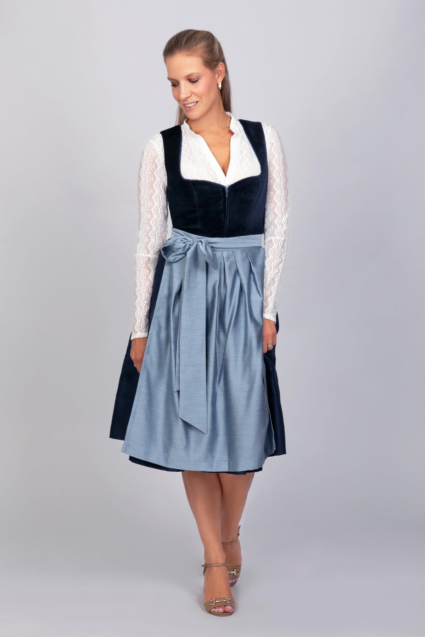 Edelnice Trachtenmode Exklusives Designer Midi Dirndl Luna Samt blau inkl. Dirndlschürze