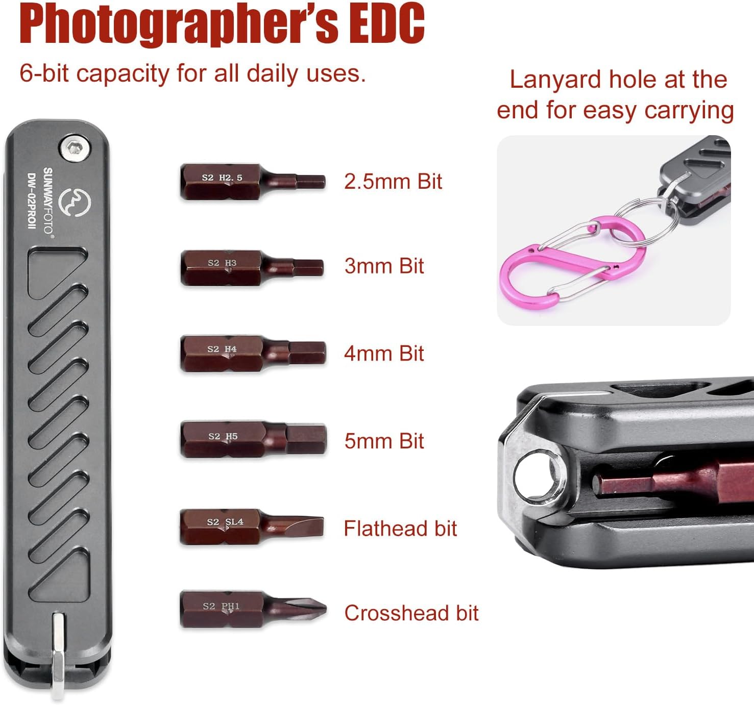 DW-02PROII Folding Tool Set with Hex Key Wrenches Stainless Steel 2.5/3/4/5mm, Phillips and Flat Head, Photography EDC Multitool Keychain Screwdriver