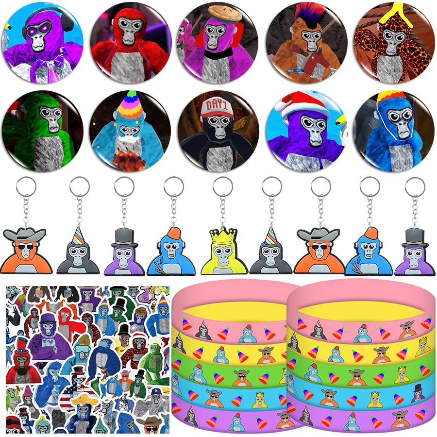 80Pcs Cartoon Gorilla Game Theme PARTY-SUPPLIES-PACKS, including Keychain, Bracelets, Button Pins, Stickers for Birthday Decorations