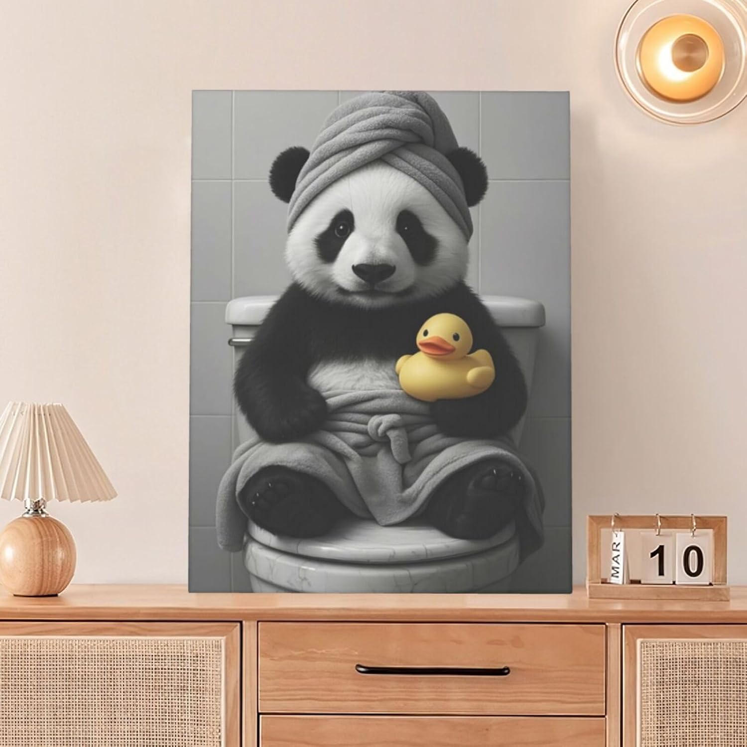 Funny Bathroom Panda Wall Art Black and White Bathroom Canvas Painting Cute Panda Duck Pictures Decoration Framed Artwork Gifts for Women Girl Toilet Restroom Home 12"x16"