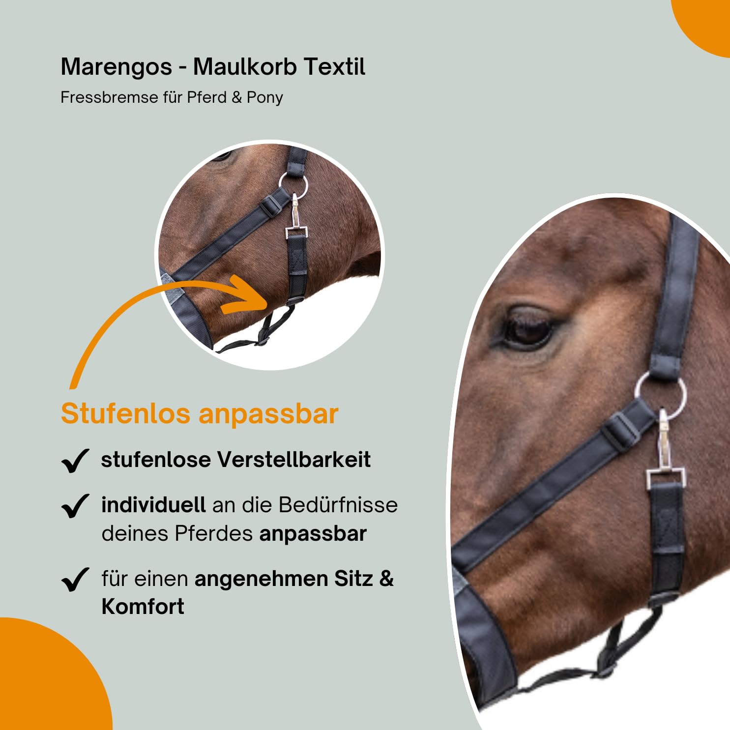 Marengos - Maulkorb Textil – Fressbremse Pferd & Pony – zur Kontrolle von Grasverzehr & bei Krankheit – gefüttert & stufenlos einstellbar – Schwarz/Grau für Shetty, Pony, Voll- & Warmblut