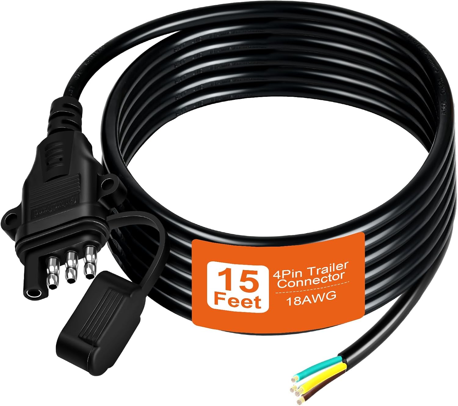 18AWG 5FT 4 Pin Trailer Connector Pure Copper 4 Pin Trailer Wiring Harness Jacketed Cable Heavy Duty Male Extension Wiring Harness 4 Wire 4-Flat Connector 4 Way Flat Plug with Dust Cover