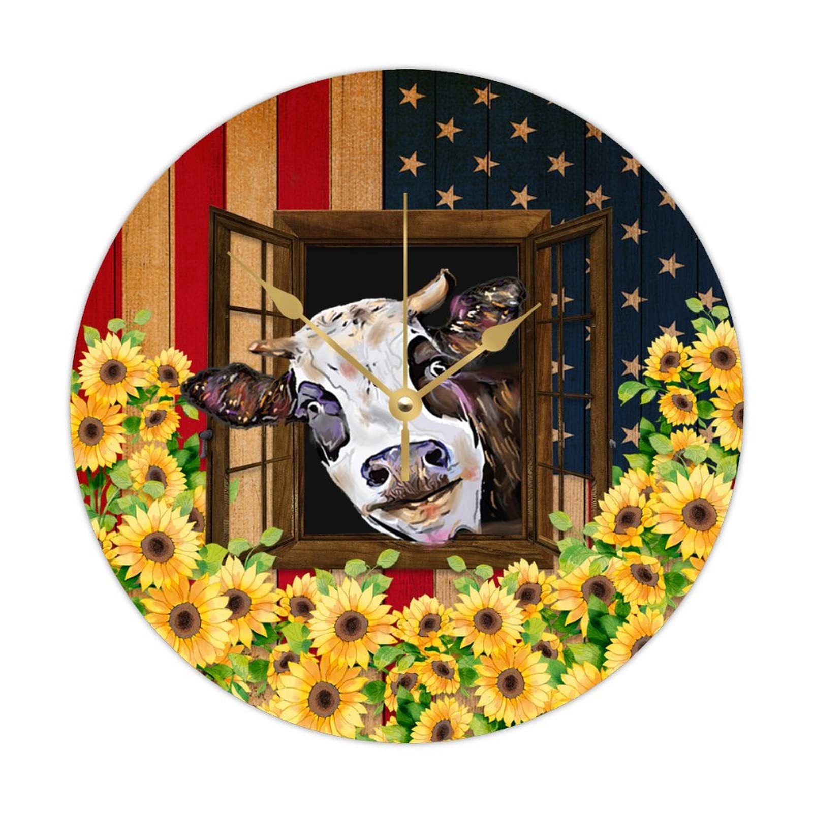 Horloge murale ronde en bois motif vache drapeau USA et tournesol style ferme