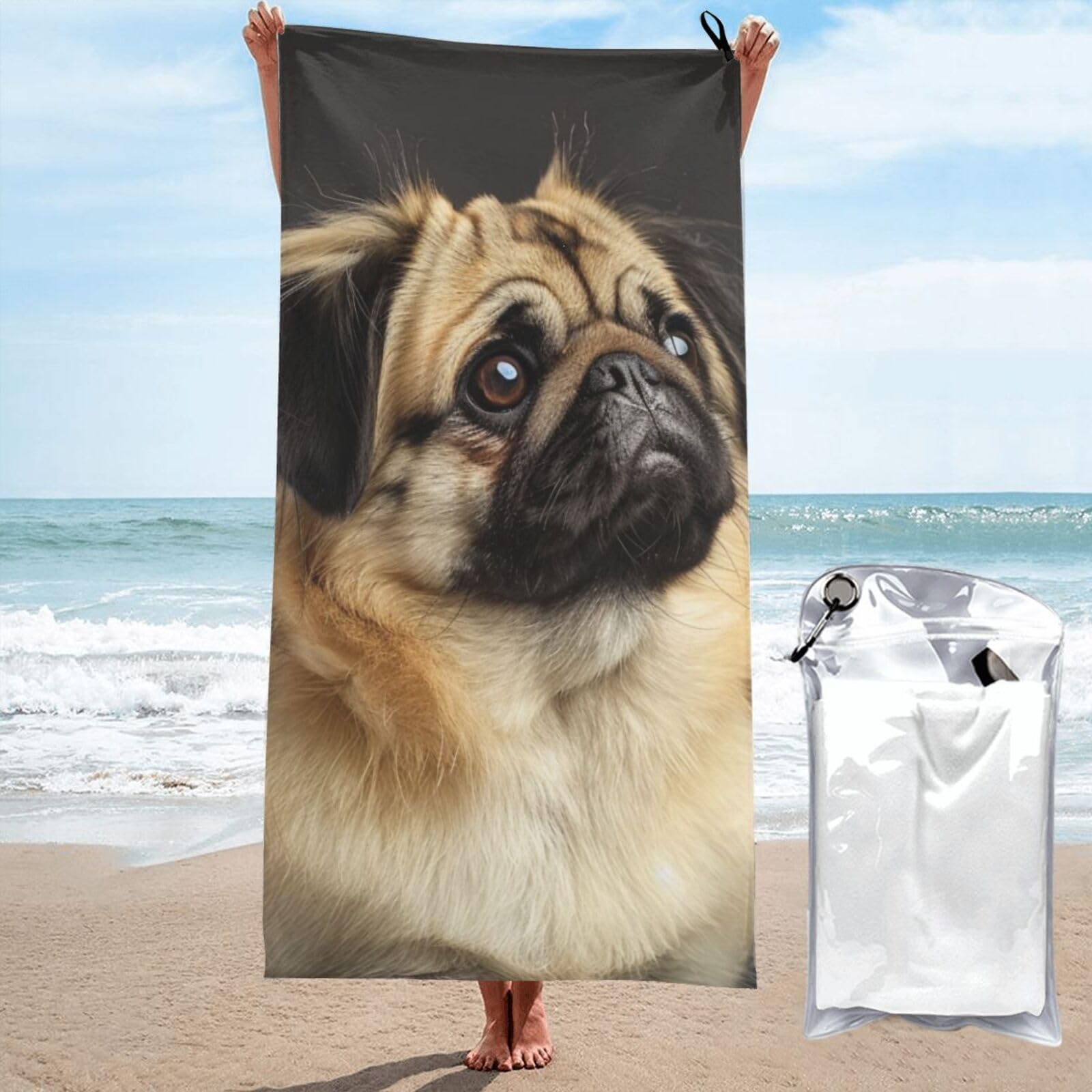 kkvhhyuo Microfiber Beach Towel, Cute Pug Dog Printed Lightweight Quick Dry Travel Bath Sheet with Compact Carry Bag for Swimming Yoga Camping Gym,31.5"x63"