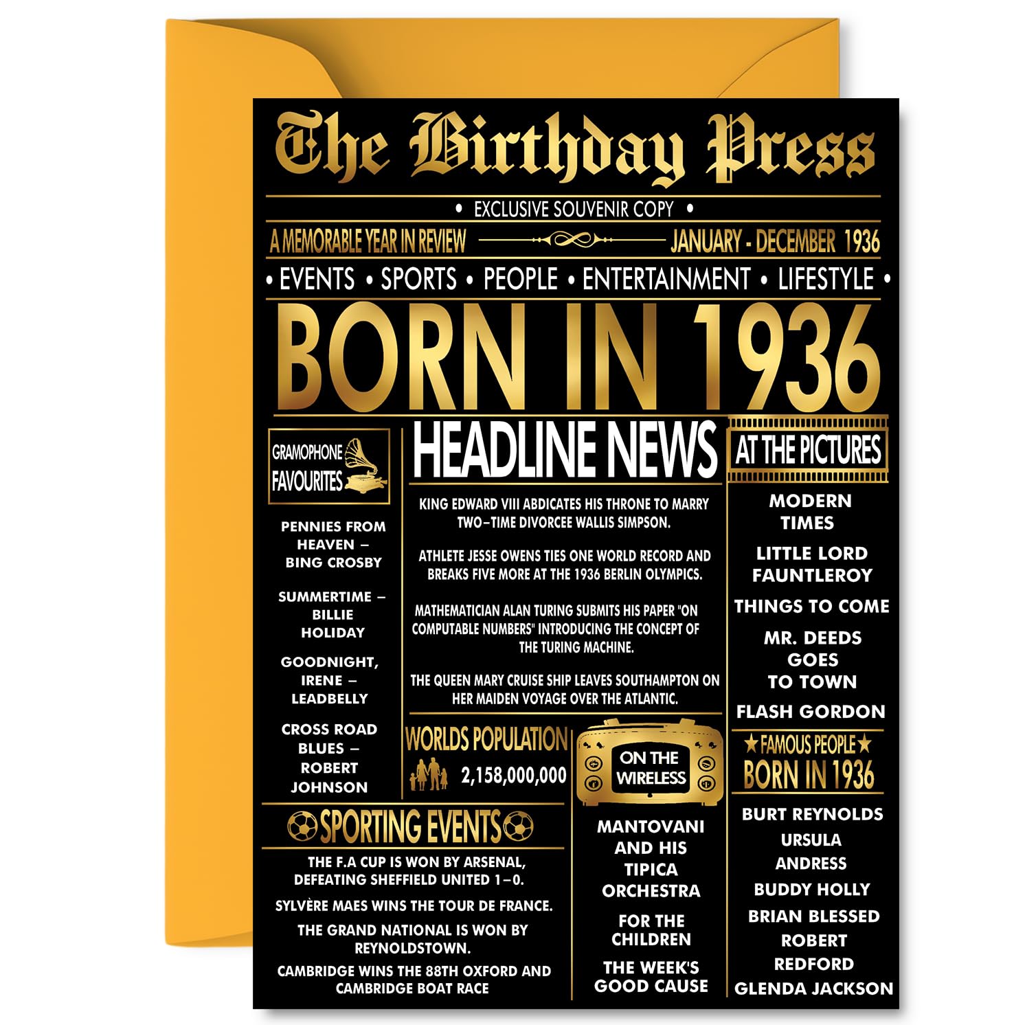 Gold 90th Birthday Card for Men Women - Black & Golden Newspaper Born in 1936 - Happy 90 Birthday Cards for Grandad Uncle Nanny Dad Wife Nan, A5 Bday Greeting Cards