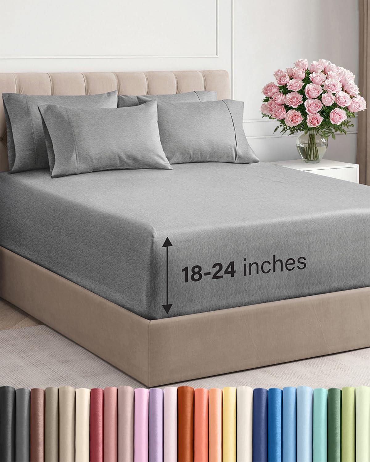 Extra Deep Queen Sheet Set - 6 Piece Breathable and Cooling Sheets - Hotel Luxury Bedding for Women, Men, Kids &amp; Teens - Easy Secure Fit - Soft and Wrinkle Free - Extra Deep Pockets - Heathered Grey