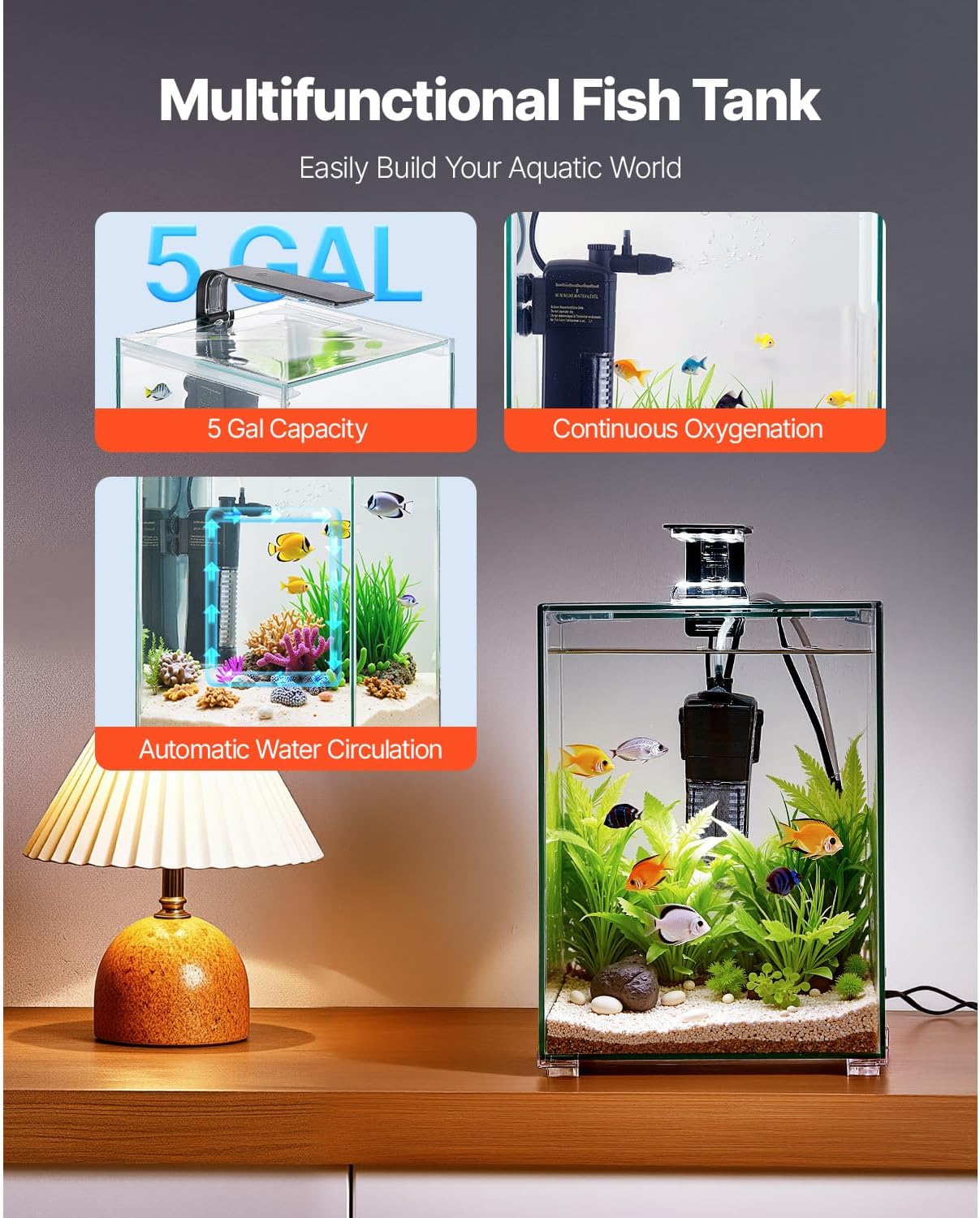 Happybuy 5-Gallon Square Ultra-Clear Glass Fish Tank – Smart Starter Aquarium with 3-Color Adjustable Lighting, Self-Cleaning Filtration System, Ideal for Freshwater/Saltwater Fish in Home & Office