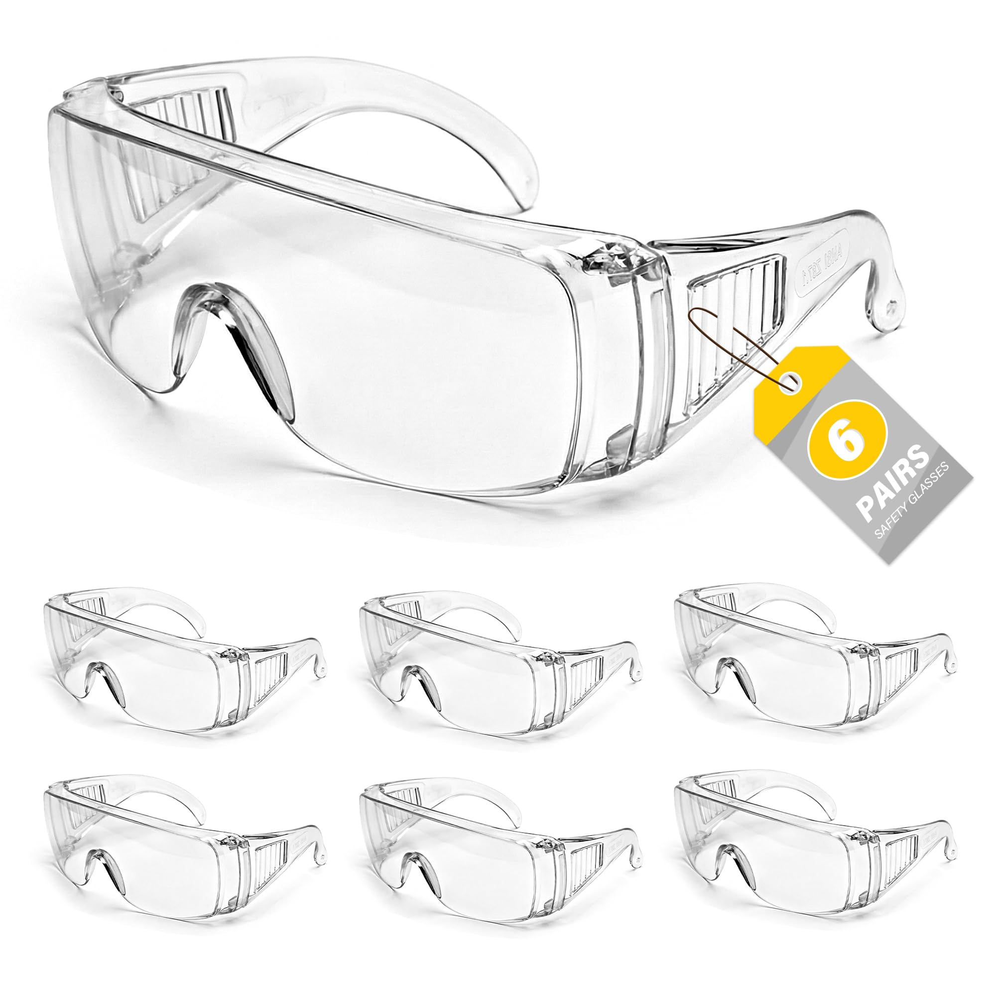 Paquete de 6 lentes de seguridad transparentes sobre lentes, lente de policarbonato resistente a los impactos ANSI Z87.1, gafas de seguridad sobre gafas, gafas protectoras para laboratorio