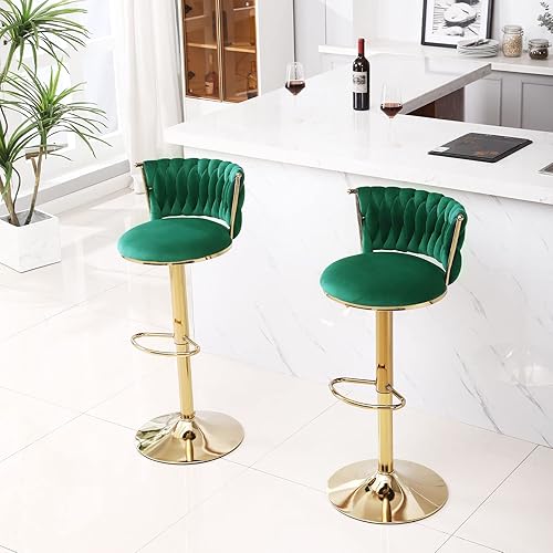 Miniatura 6 de Juego de 2 taburetes de bar giratorios de terciopelo, modernos taburetes de bar de altura ajustable de 24 pulgadas con respaldo tejido y reposapiés,