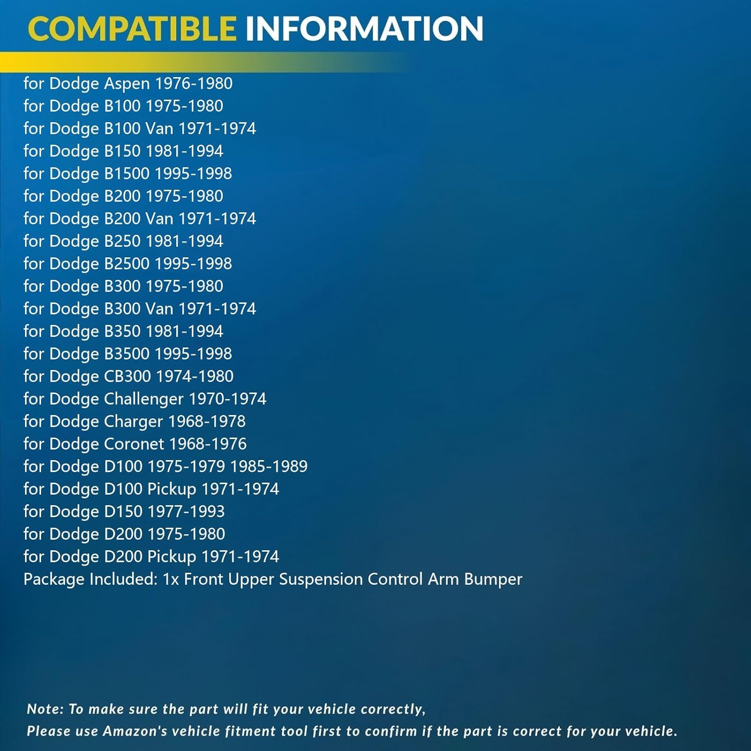 Front Upper Suspension Control Arm Bumper Replacement for Dodge Coronet 6.3L 7.0L 1968-1971, for Coronet 6.6L 1972-1976, for D100 Pickup 6.3L 1971, for D200 Pickup 6.3L 1971