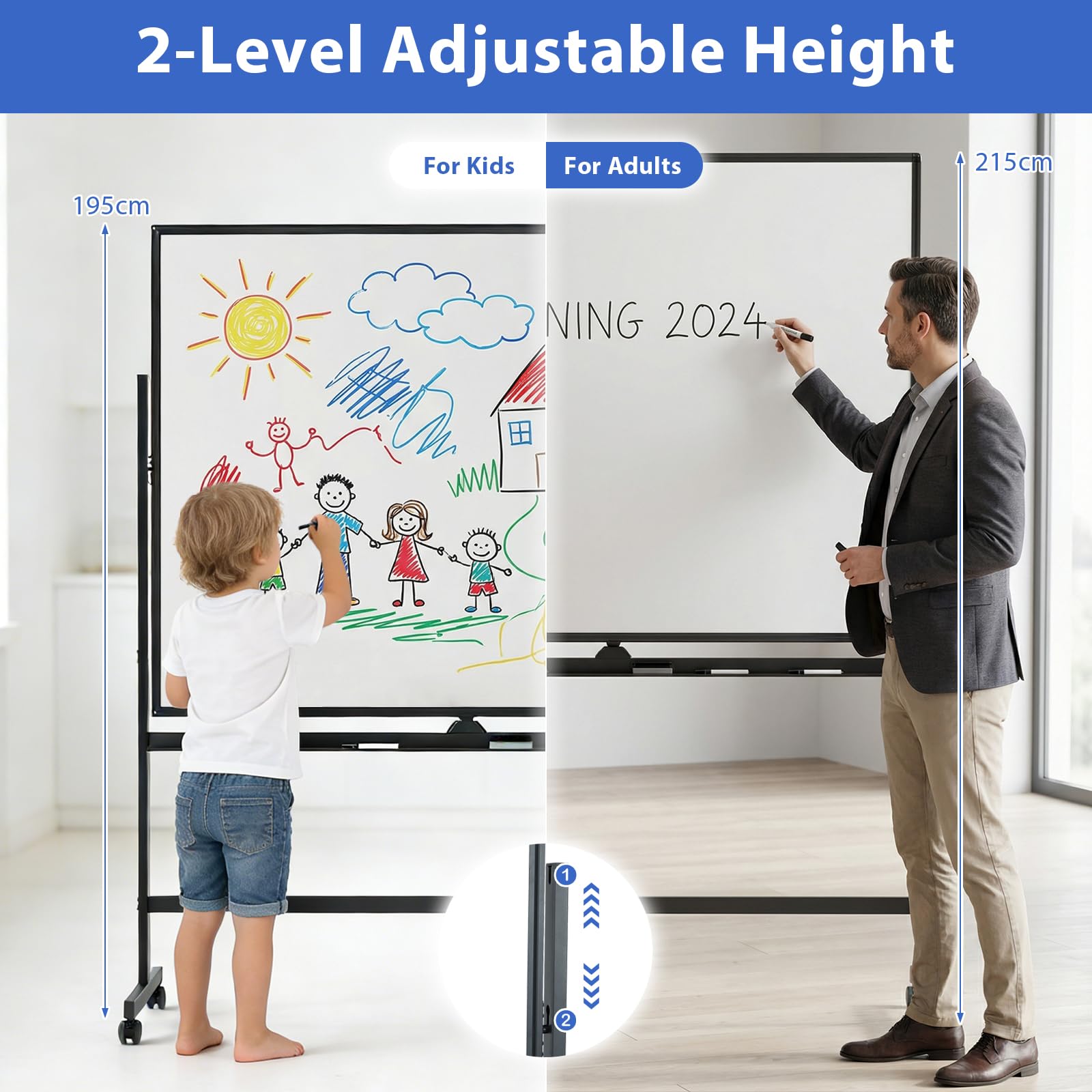 GIANTEX Pizarra Blanca Magnética de Doble Cara, Pizarra Móvil con Altura Ajustable de 2 Niveles, Reversible 360°, con Borrador, Marcadores Negros, Imanes, para Hogar, Aula, Oficina (150x120cm,Negro)