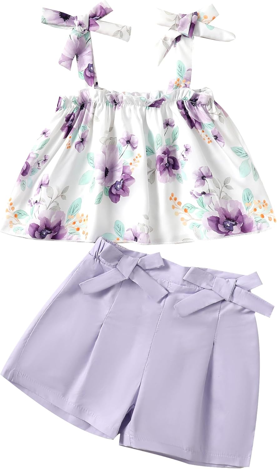 Kucnuzki Toddler Baby Girl Clothes Summer Outfits Ruffle Sleeveless Linen Shirt Kid Short Set for Girl