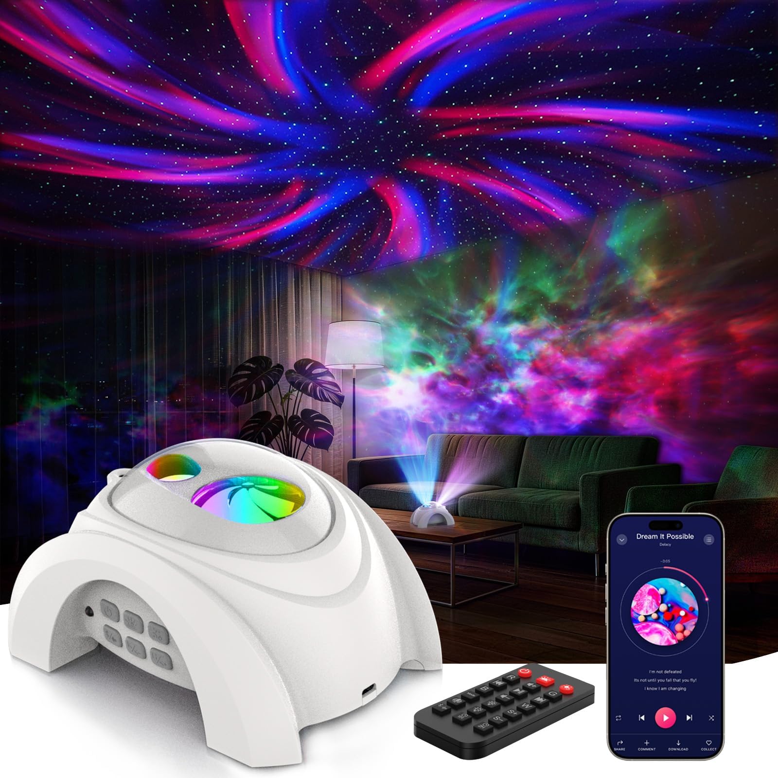 Rossetta Dual Lens Galaxy Projector, Star Projector for Bedroom with White Noise & Bluetooth Speaker, Remote, Timer, Aurora & Nebula Night Light for Party, Home Decor, Gifts for Kids Adults Teens
