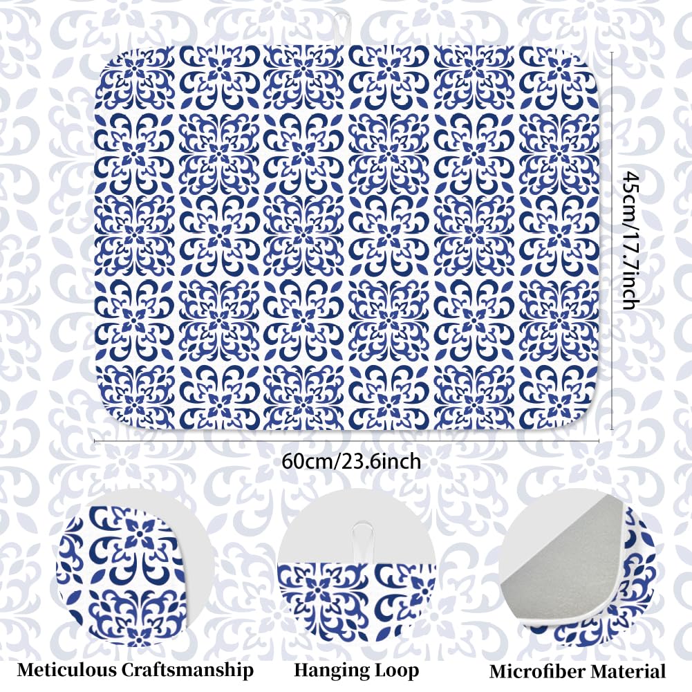 INFUNLY Tapis de séchage à vaisselle motif floral bleu, 45 x 60 cm, motif mandala bohème, tapis d'égouttoir méditerranéen, tapis de séchage à imprimé floral bleu pour table, comptoir, évier, café, bar