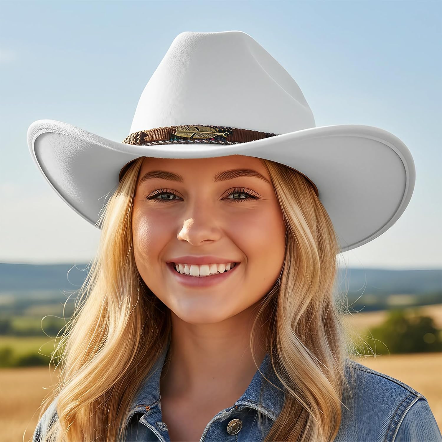 Unisex Felt Cowboy Hat Wide Brim Western Hat with Adjustable Drawstring and Metal Accents for Daily Wear