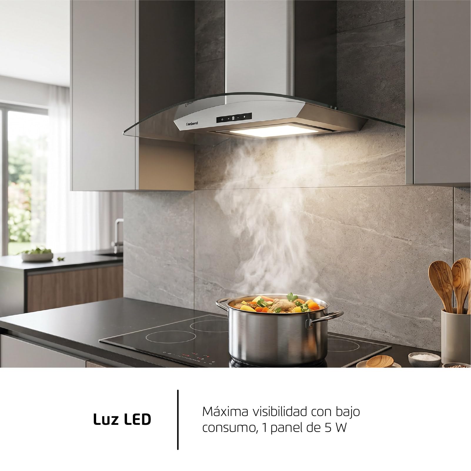 Corbero - Campana Extractora Horizontal 90cm | FUJI975XGLASS | 720.2 m3/h| 67db| 235W | 4 Velocidades | Control Touch| Panel LED| Filtro Aluminio + Filtro Carbón | Acero Inoxidable-Cristal