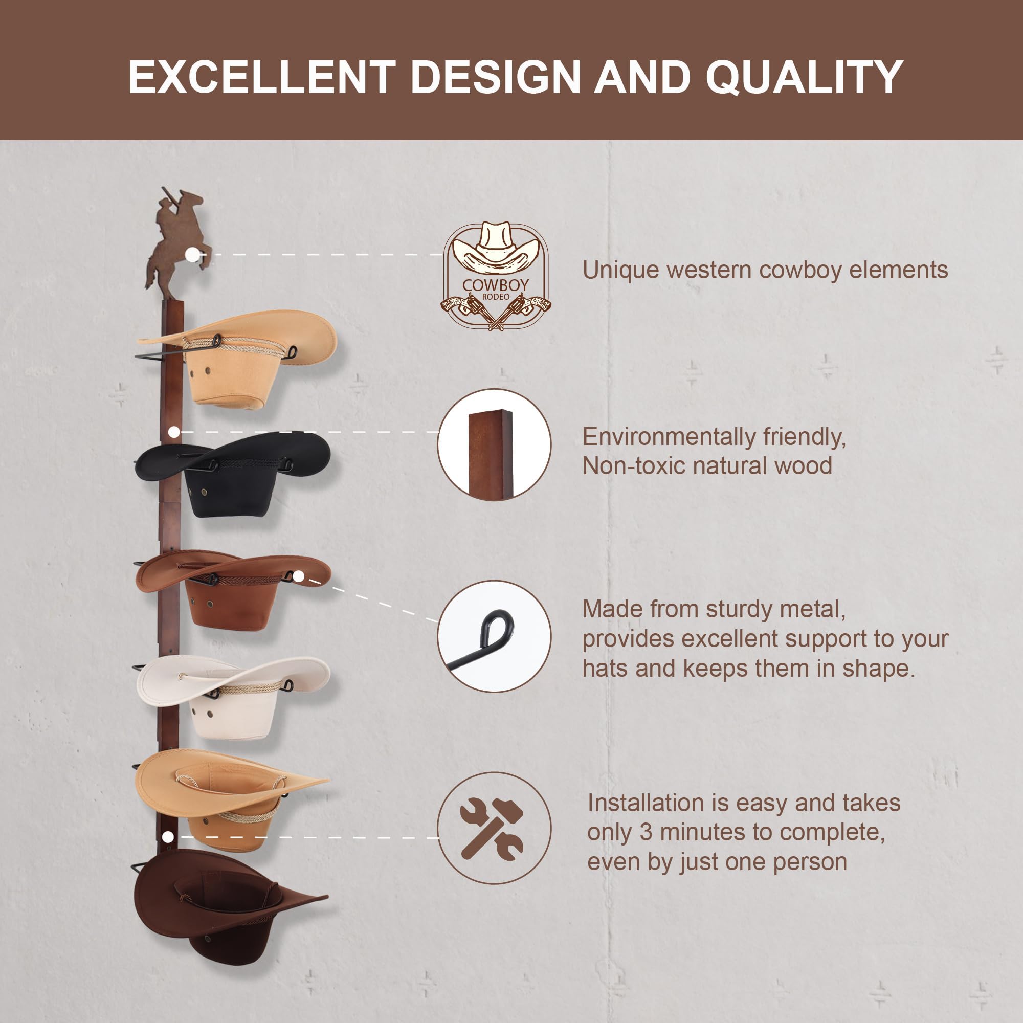 Soporte para sombreros de vaquero para pared: organizador de sombreros de madera rústica con 6 ganchos para sombreros para montaje en pared, soporte para sombreros de vaquero, soporte para