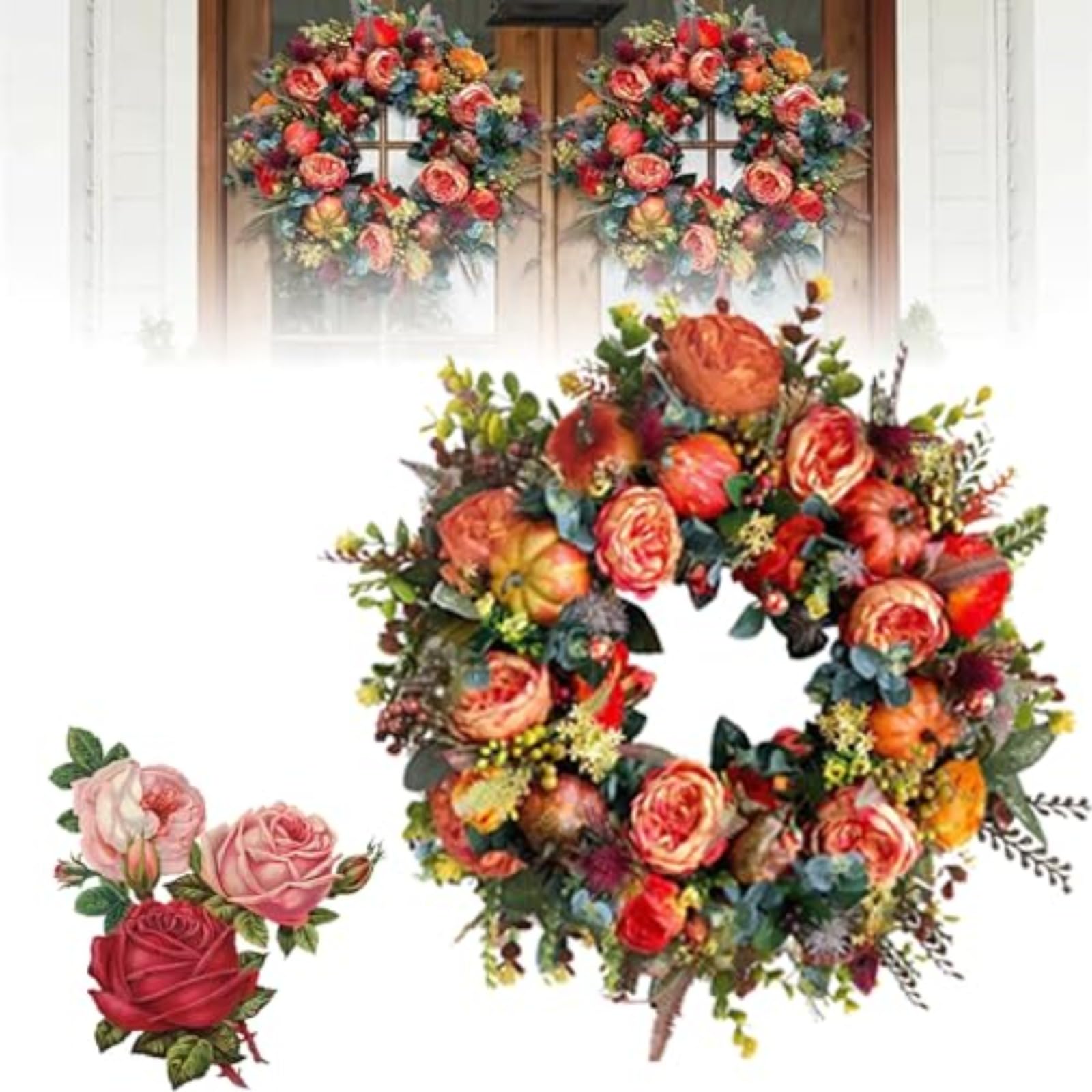 Artificial Fall Harvest Wreath 45cm Orange Red Rose Pumpkin Pomegranate Wreath with Greenery for Front Door Multi-Scene Indoor Outdoor Thanksgiving Decor (45CM)