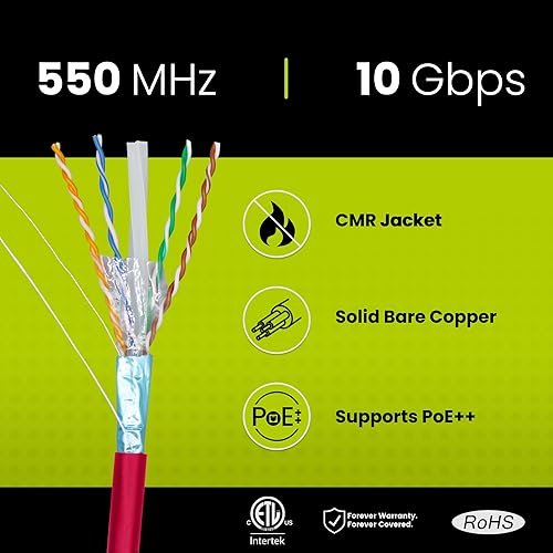 Miniatura 2 de TRUE CABLE Cable Ethernet a granel de elevación blindada Cat6 (CMR), 1000 pies, rojo, cobre sólido desnudo 23 AWG, 550 MHz, escudo total de papel de