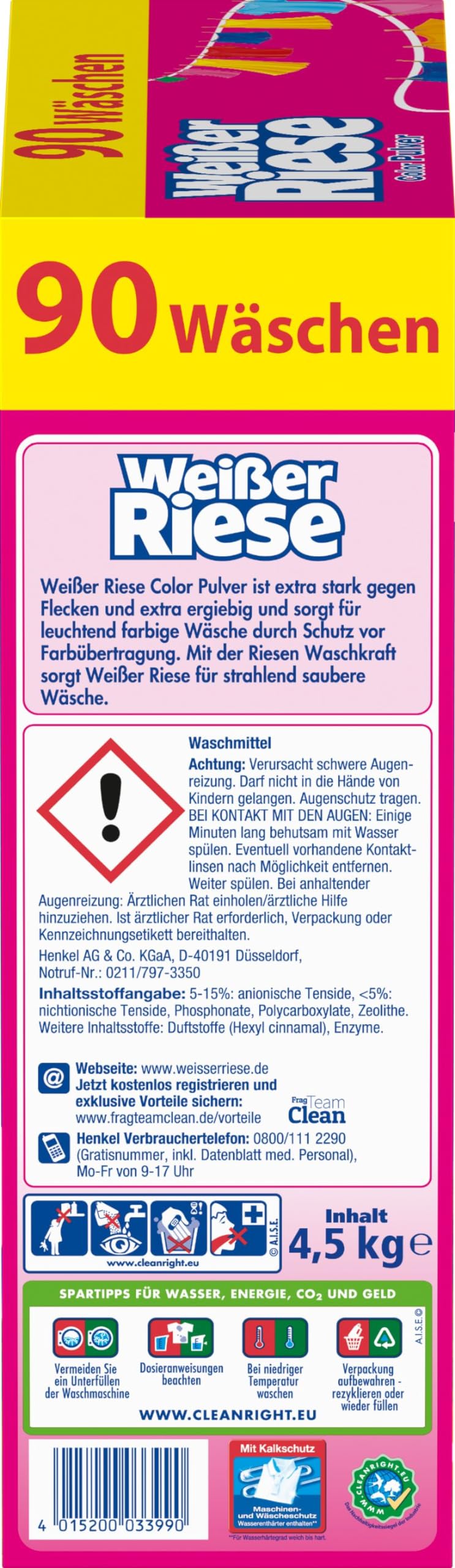 Weißer Riese Color Pulver 180 Waschladungen (2x 90 WL), Colorwaschmittel wirkt riesig stark gegen Flecken, Kalt-Aktiv schon ab 20° C, ergiebiges Waschpulver, ideal für Familien mit Kindern