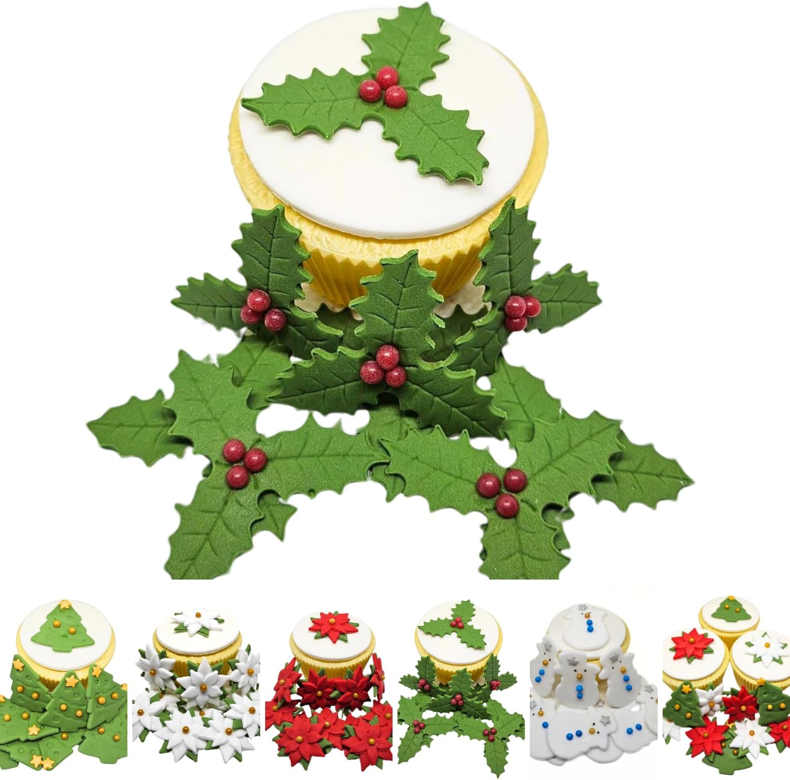 12 X Sugar Holly - Edible Christmas Cake Cupcake Topper Decorations - Quality Handmade Sugar Paste Cake Decorations ** 11 STYLES TO CHOOSE FROM** (holly)