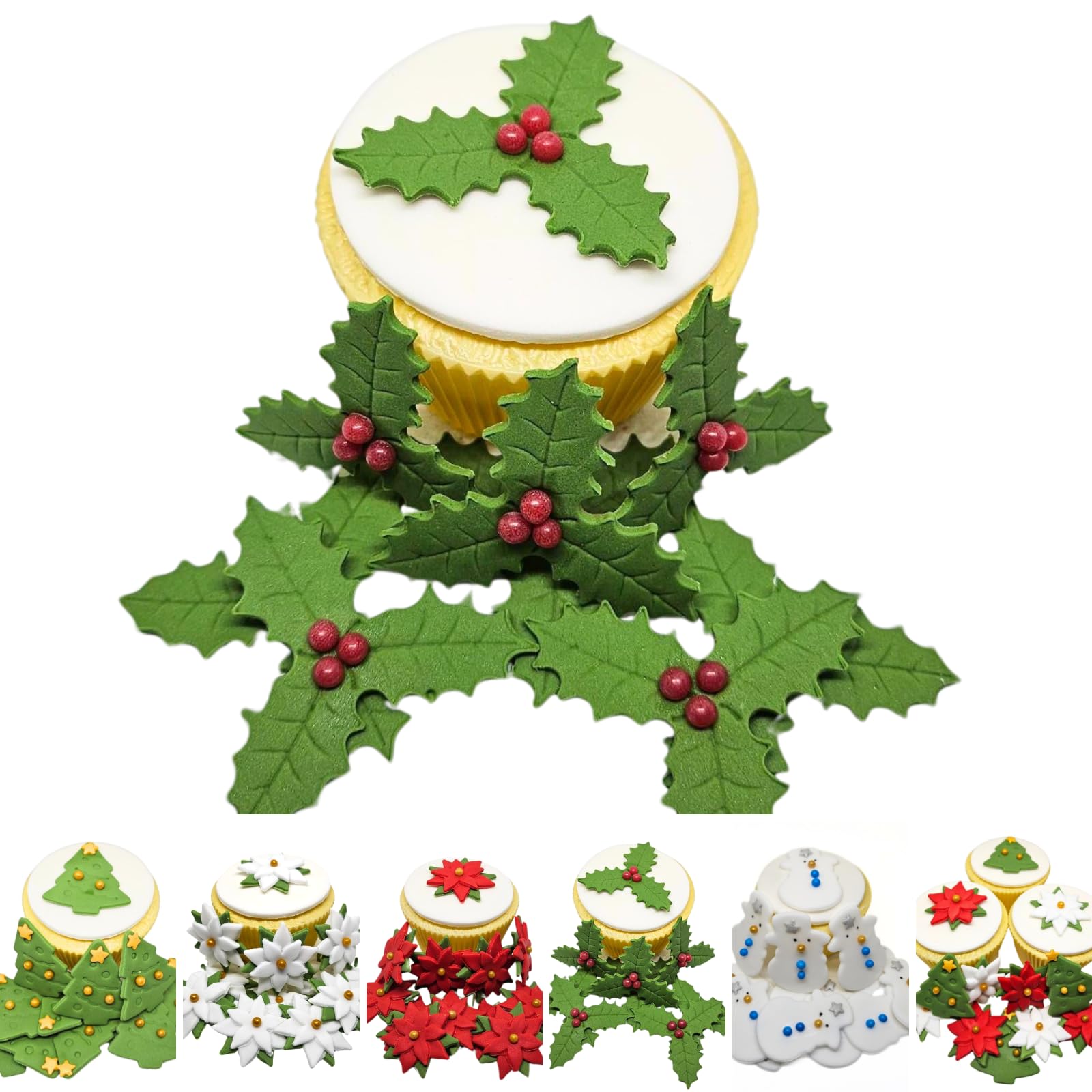 12 X Sugar Holly - Edible Christmas Cake Cupcake Topper Decorations - Handmade Sugar Paste Cake Decorations ** 11 STYLES TO CHOOSE FROM** (holly)