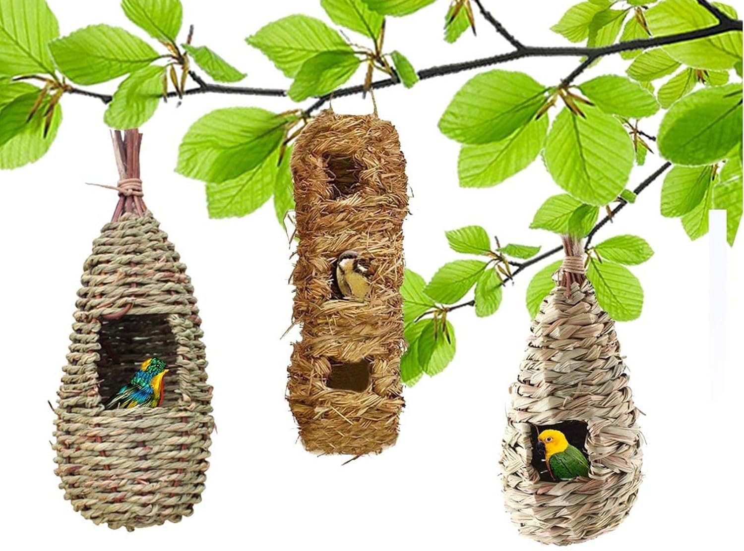 BLSMU Hummingbird Nesting House,Hand Woven Natural Bird Hut Hanging Birdhouses Outside Roosting Woven Bird Hut Outside Hanging Nest for…