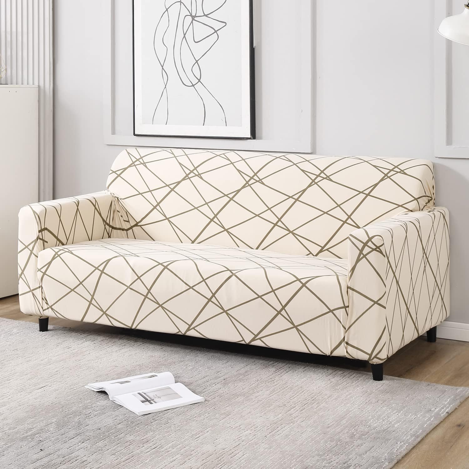 HOKIPO Sofa Cover 3 Seater Fully Covered, Beige Abstract Line