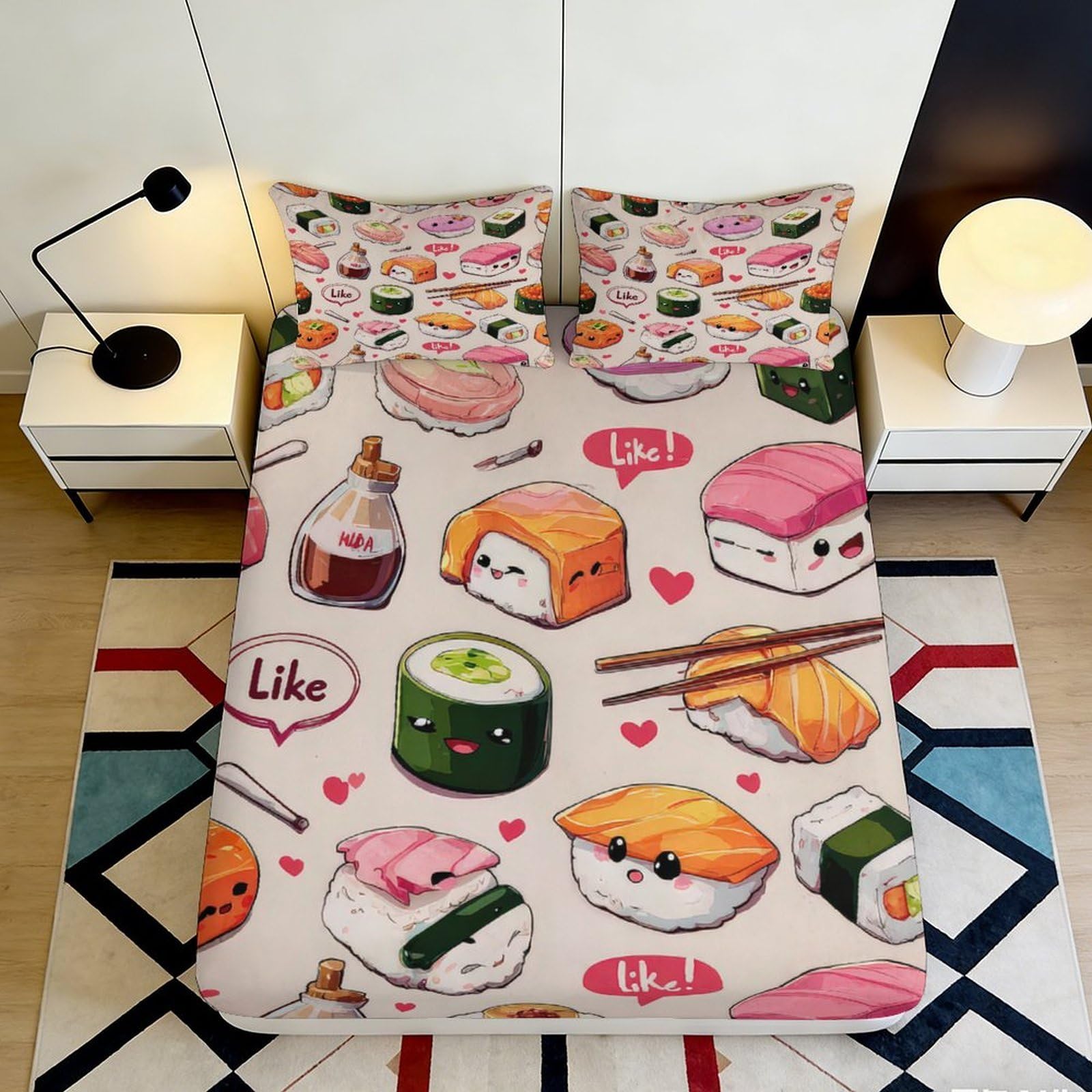 Pnayamiorkfel Style-1 3D Printed Kawaii Sushi Cartoon Fitted Sheet Microfiber Soft Breathable Japanese Food Bed Cover For Bedroom Guest Room Decor 90X200x25cm