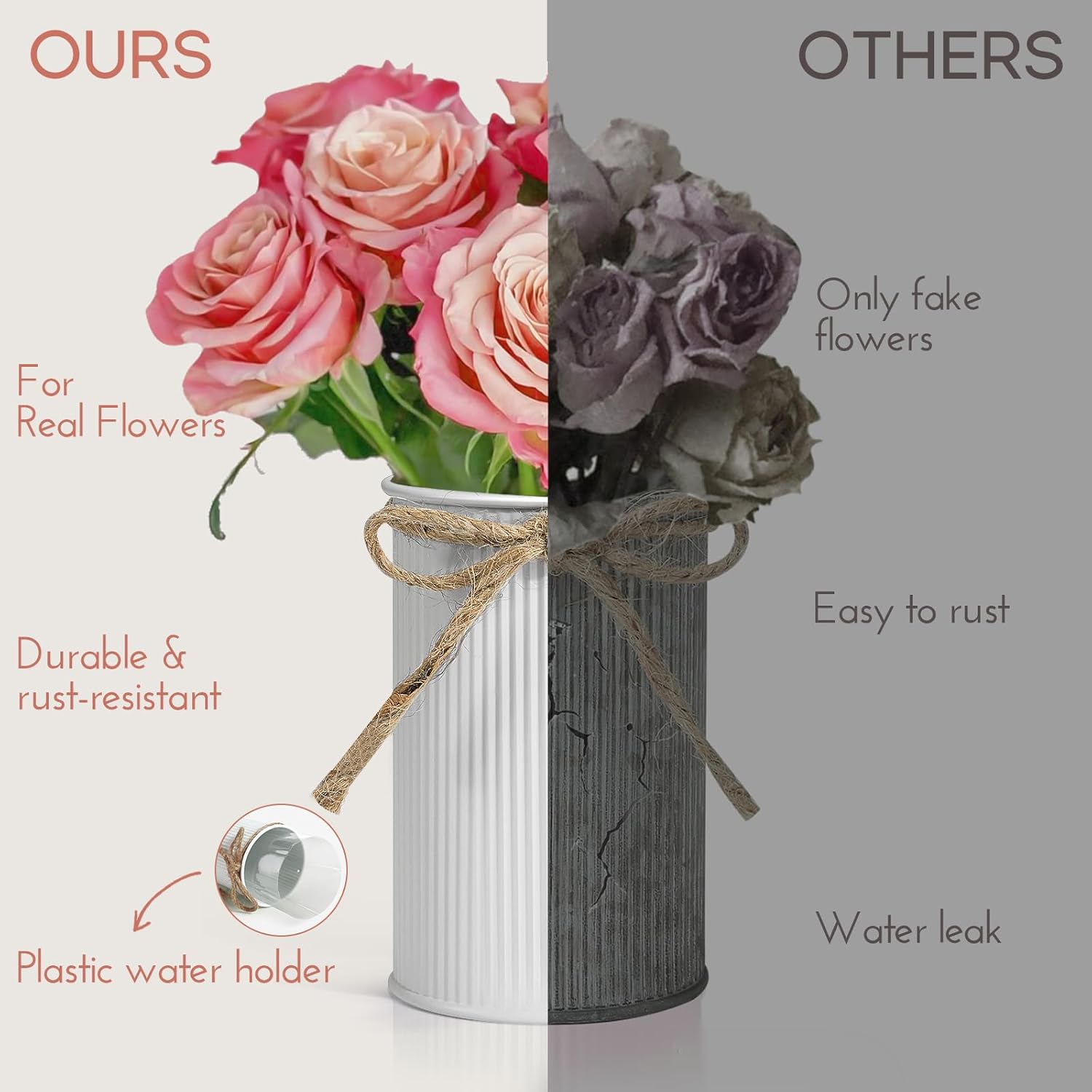 8 Pcs 4.33 Inch Small White Rustic Metal Vases Bulk with Twine Bow, Rustic White Galvanized Mason Jars Vases for Flowers, Vintage Farmhouse Cylinder Vases for Centerpieces-with Water Holder