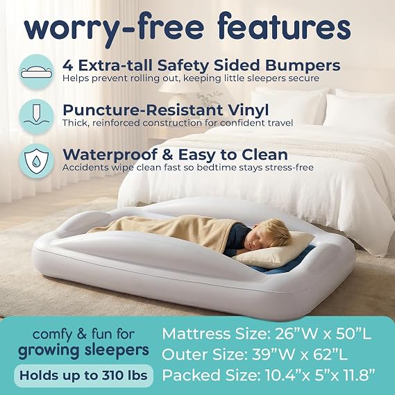 Hiccapop Inflatable Toddler Bed with Safety Bumpers, Kids Travel Bed, Navy