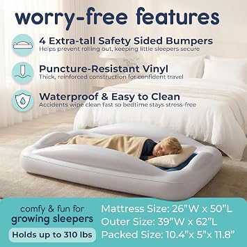 Hiccapop Inflatable Toddler Bed with Safety Bumpers, Kids Travel Bed, Navy