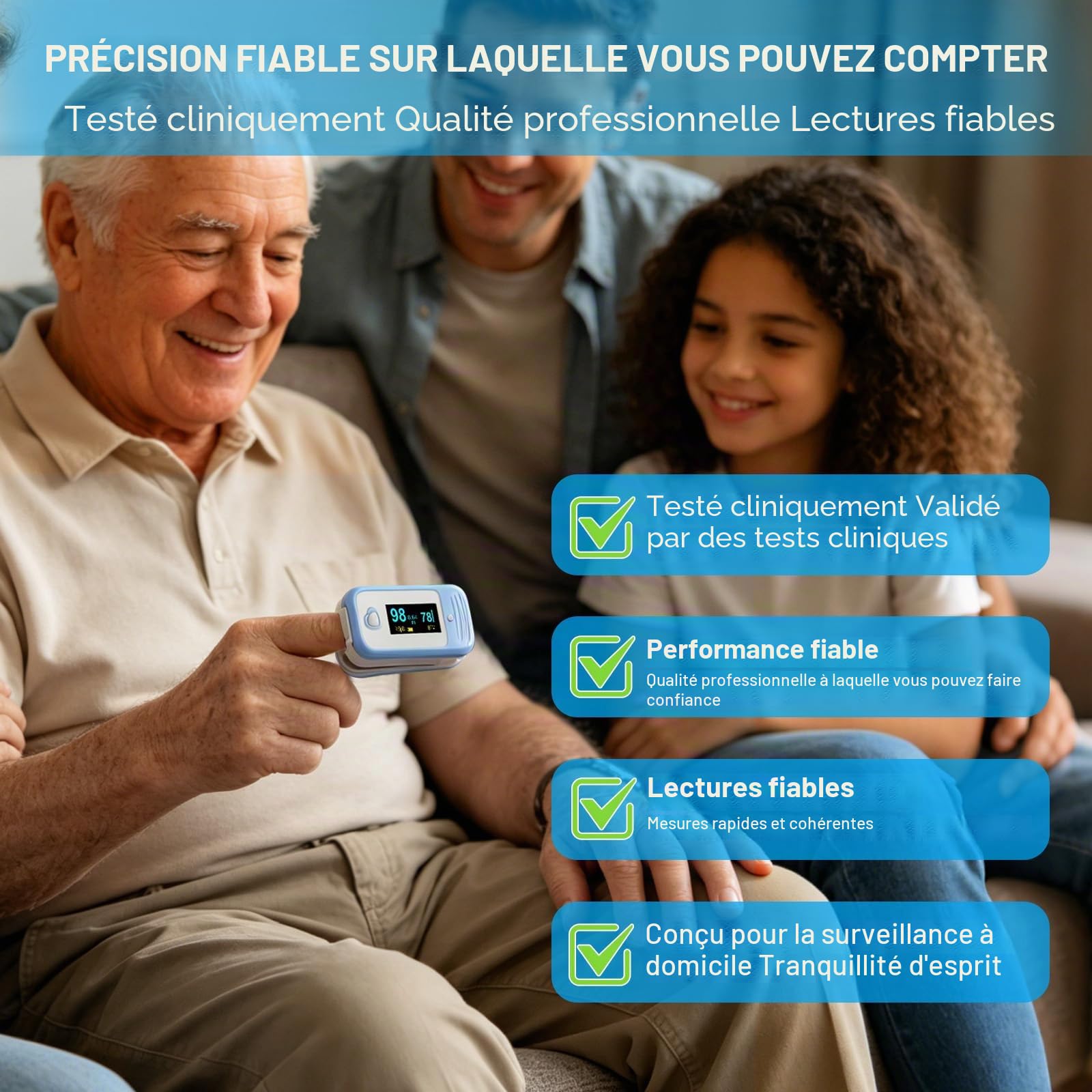 AM801 Saturomètre Oxymètre de Doigt Professionnel Certifié, Pulsomètre Cliniquement Validé, 5 en 1 Mesure de l'Oxygène Sanguin, Température, Fréquence Cardiaque, PI, PPG, Certifié CE0123