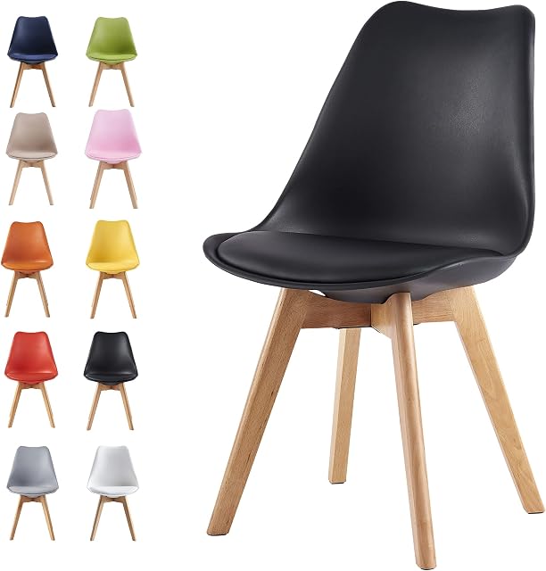 mcc direct Dining Chairs Wooden Legs Soft Cushion Pad Stylish DELUXE Retro Lounge Dining Office EVA (Black)