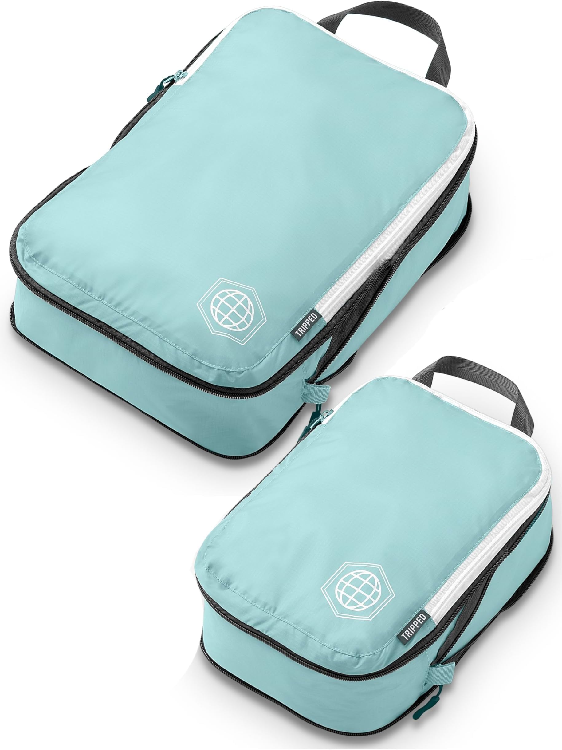 Compression Packing Cubes for Travel, 2-Piece Lightweight Packing Cubes Set for Carry-On Luggage & Backpacks – TRIPPED Travel Gear (Dusty Teal/White)