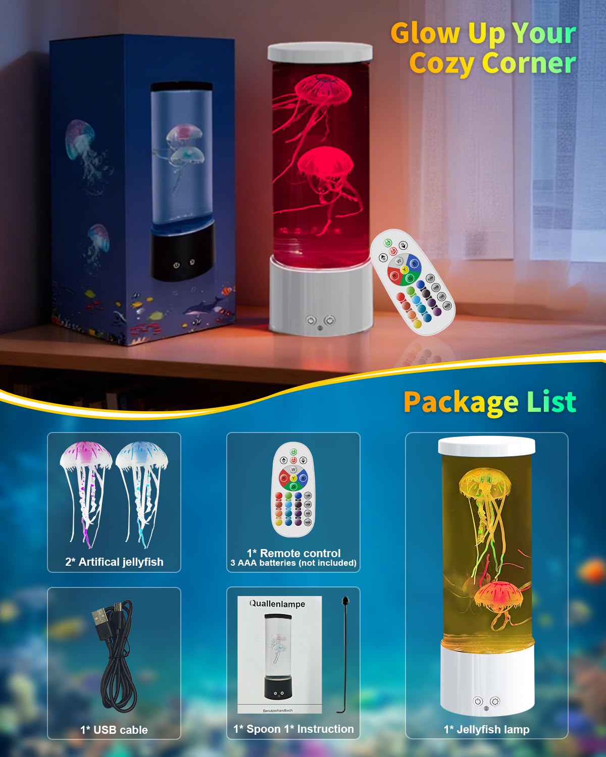 AONESY Lampe LED Jellyfish 17 couleurs, lampe à lave Aquarium avec télécommande, Décoration Lumière d'ambiance - Blanc
