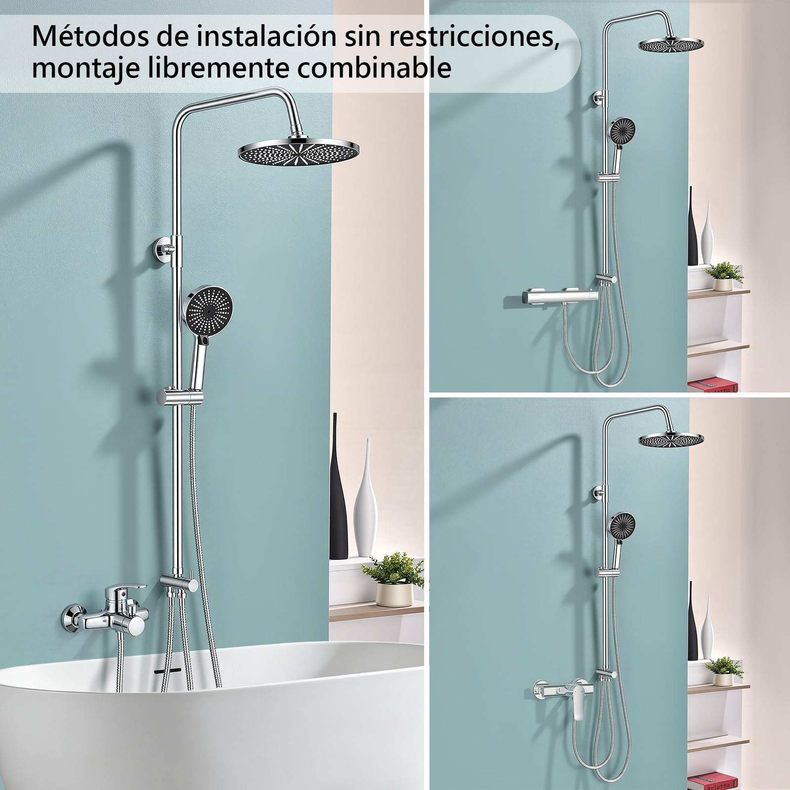 Kit de ducha sin grifería ajustable en altura Ducha de lluvia redonda 26 cm y ducha de mano 3 chorros Acero inoxidable instalación rápida