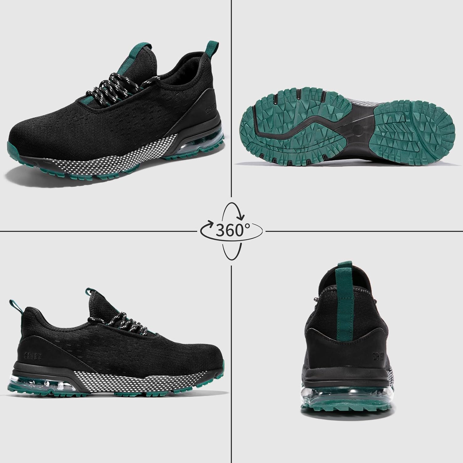 SPIEZ Lightweight Slip-On Safety Shoes for Men & Women, Slip-Resistant Work Shoes with Air Cushioning, Water-Resistant & Decorative Laces, Easy On/Off Sneakers, Black Green, Size 4.5-13.5 - Image 2