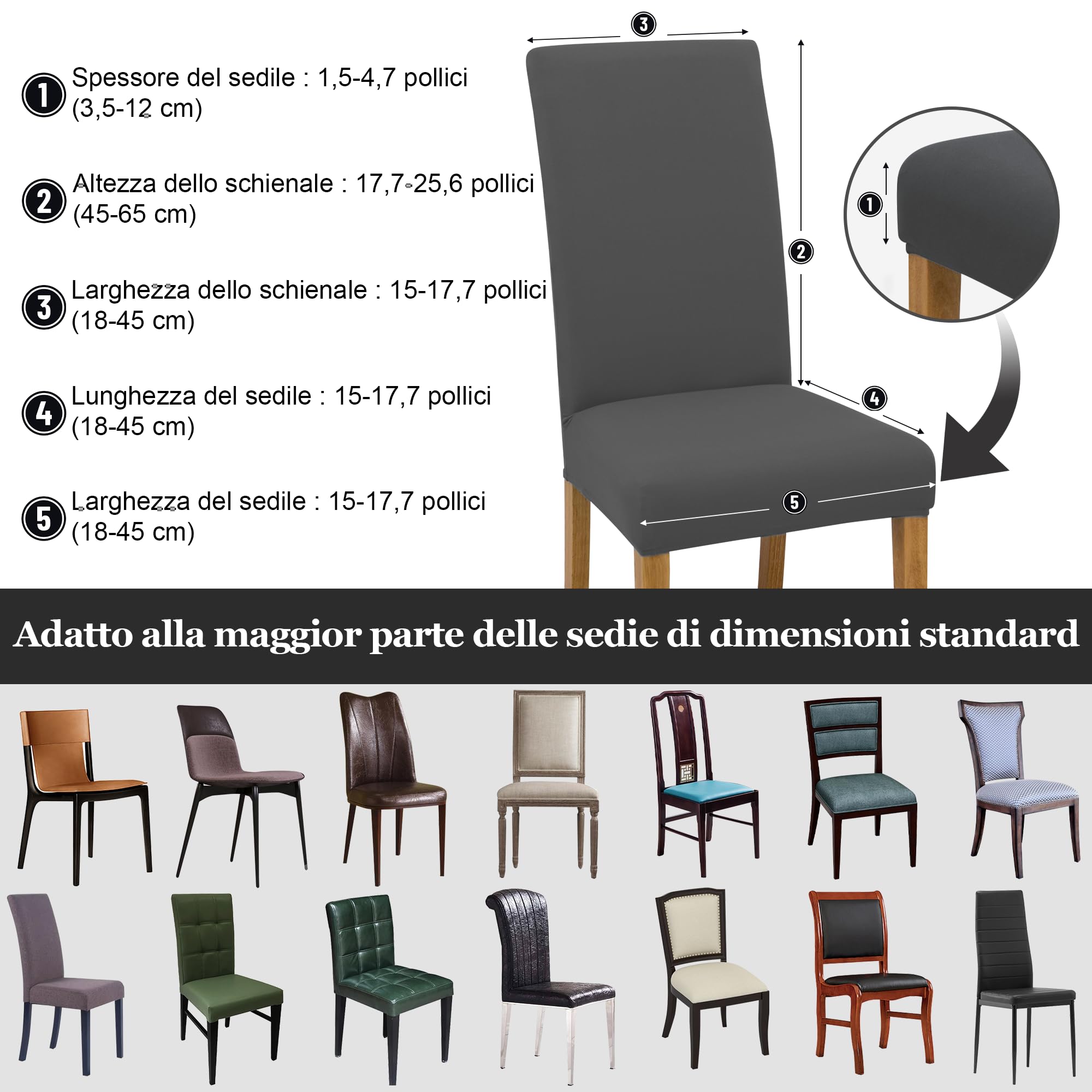 DREAHOTEXTIL coprisedia con schienale、coprisedia elasticizzati、coprisedie antigraffio gatto、copri sedia da ufficio (set da 2/4/6 pezzi con schienale) per salotti, cucine, feste e hotel. (6, Grigio)