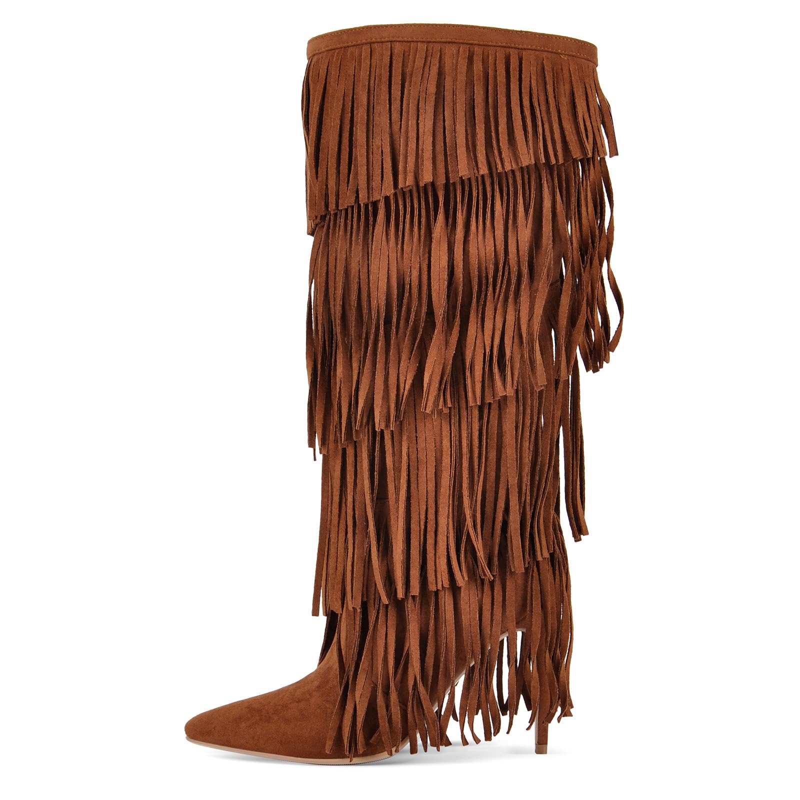 Womens Fringed Knee High Boots Pointy Toe Stilettos Faux Suede High Heels Boot