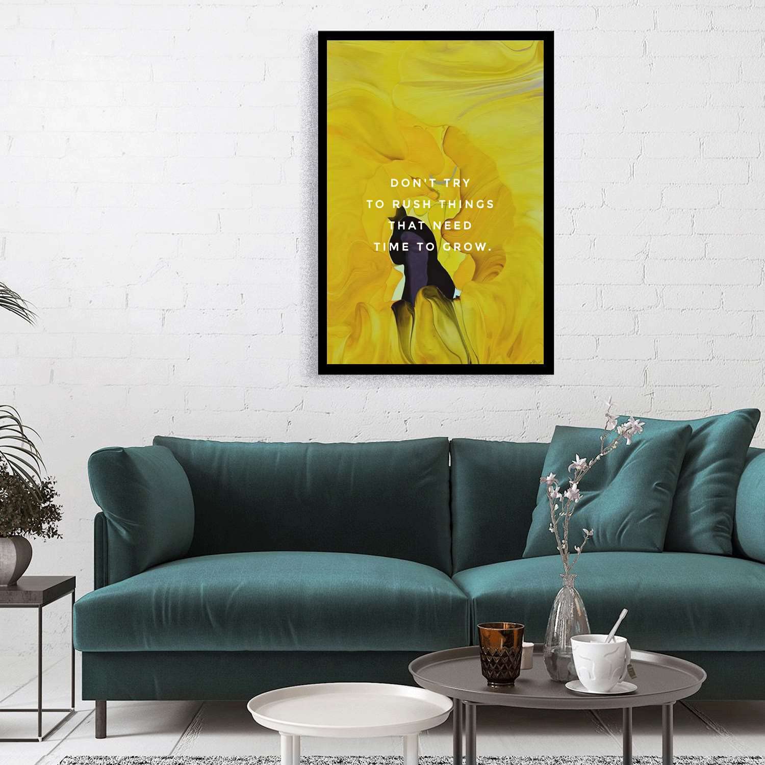 Póster con cita inspiradora para sala de estar con texto en inglés "Be patient Inspirational Don't try to rush things that need time to grow" para habitación estética, 20 x 30 cm, marco de metal negro