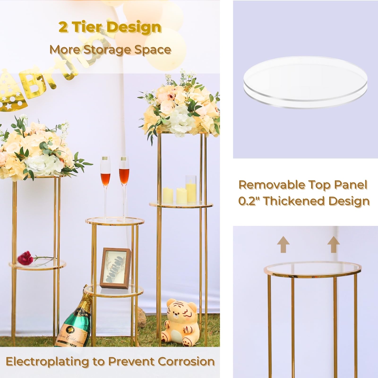2 soportes cilíndricos redondos de metal de dos capas para fiestas, pedestal de pasteles, soporte de flores, soporte de exhibición dorado para cumpleaños, boda, sala de estar, patio, telón