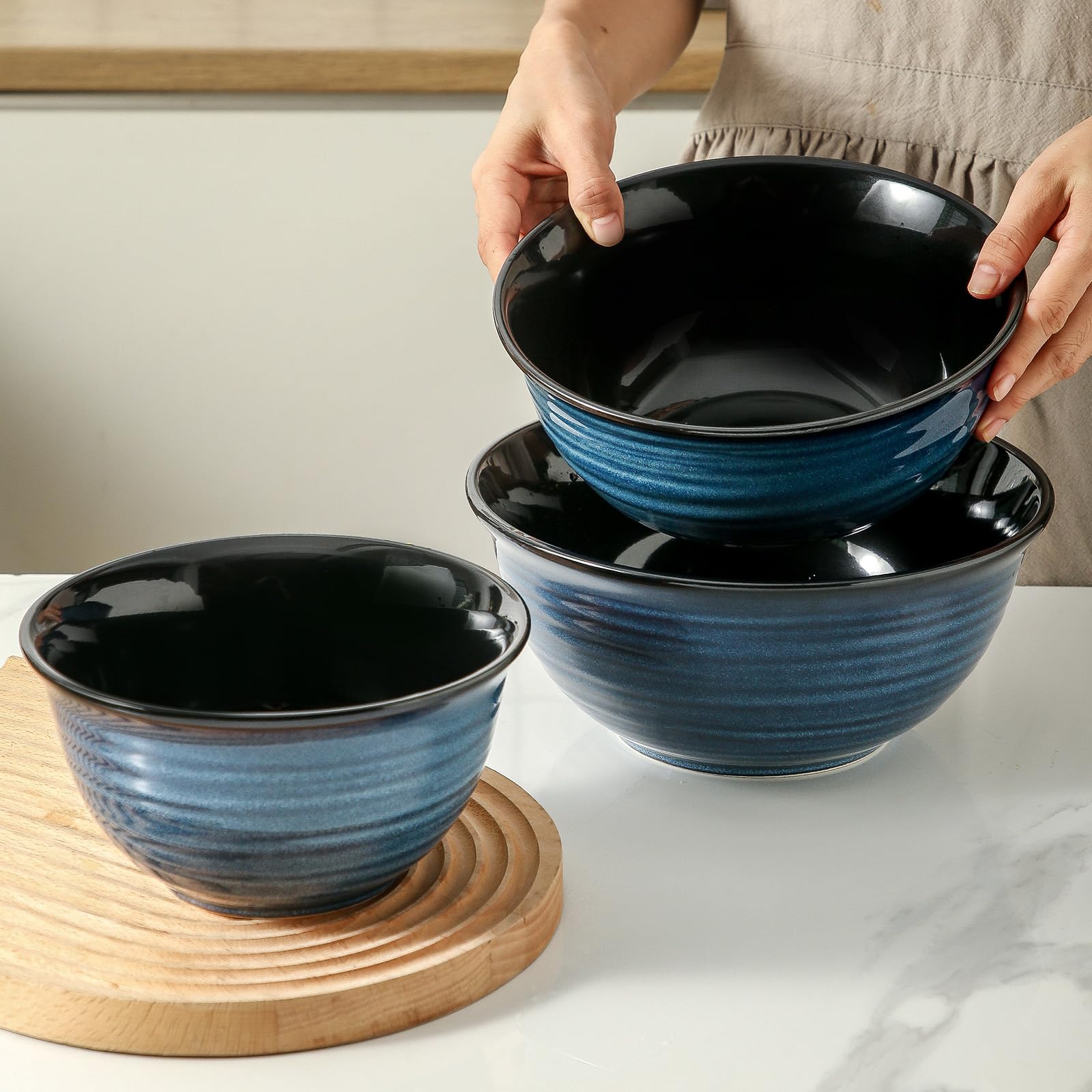 Hasense Cuencos para mezclar, juego de cuencos de cerámica para cocinar, hornear, preparar, cuencos grandes para ensaladas, frutas, palomitas de maíz, 2.1/1.5/1.0 cuartos de galón, aptos para