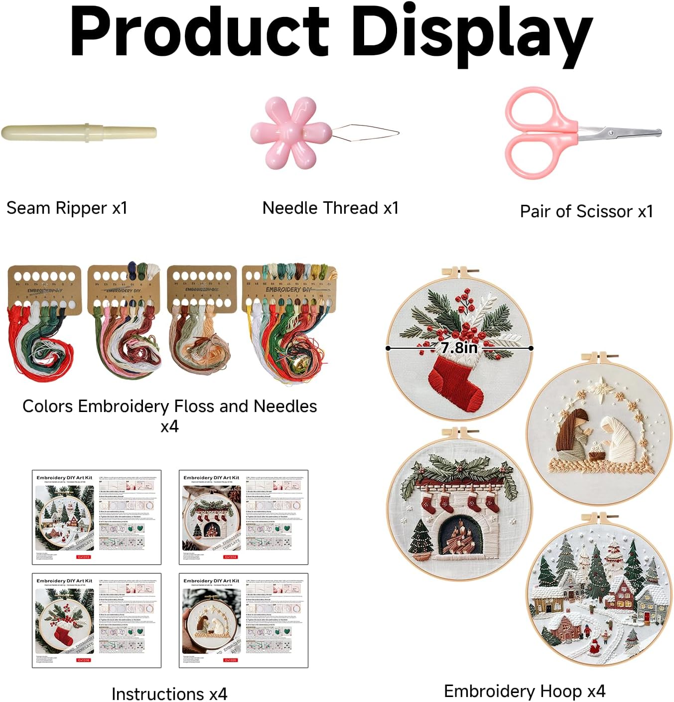TPZBWG Christmas Embroidery Kit, 4 Pack Cross Stitch Kits,DIY Embroidery Starter Kit for Adults & Beginners, DIY Needlepoint Kit with Embroidery Hoop Thread Needle for Craft Lover Birthday Gifts 2