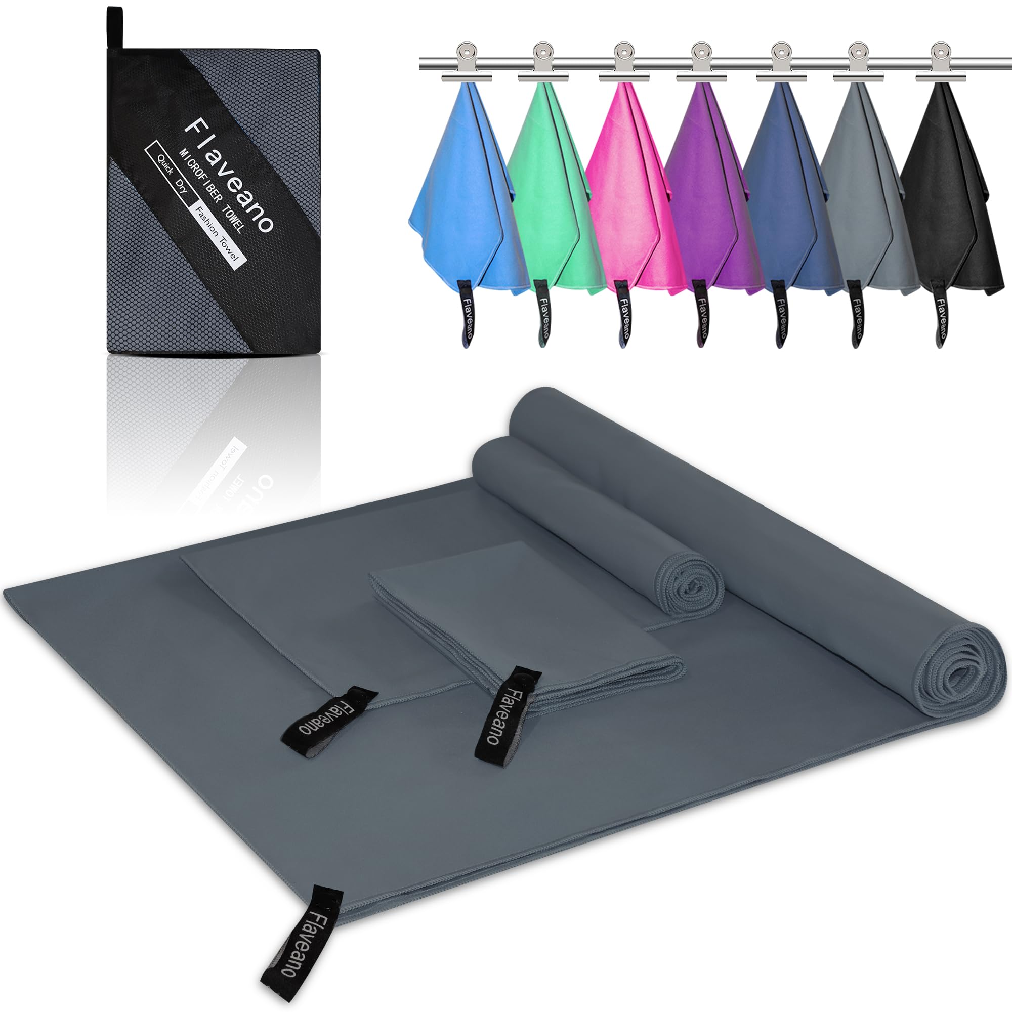 Flaveano Microfibre Towel, Travel Towel Set of 3 (180x90cm, 80x40cm, 50x30cm), Quick Drying for Camping, Swimming, Beach, Gym and Hiking - Dark Grey