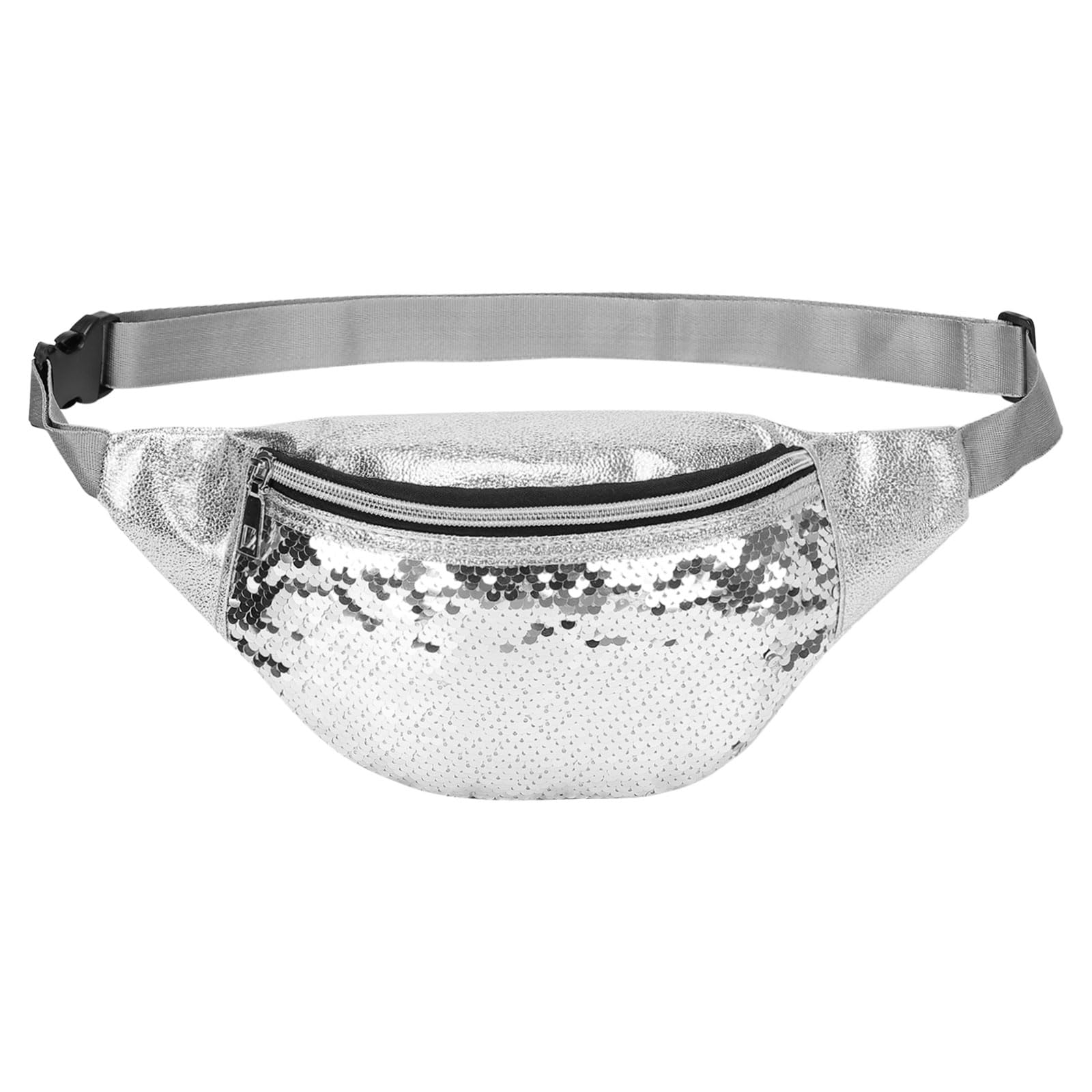 DTGN Sequined Fanny Pack for Women, Cute Waist Belt Bag, Crossbody Bag Water Resistant Fashion Small Bum Bag with Adjustable Belt for Running Hiking Shiny Silver