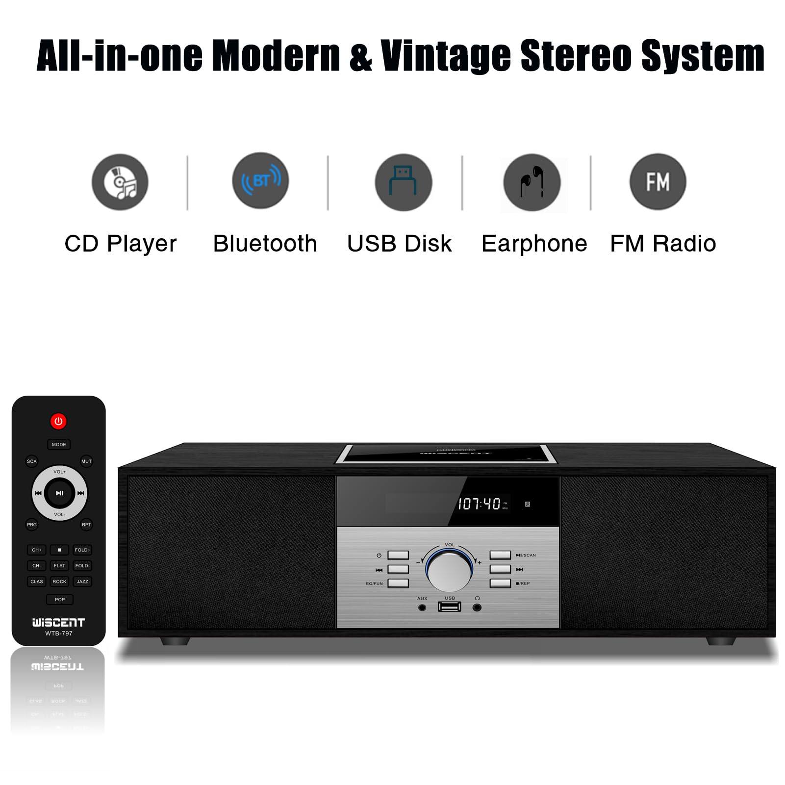 Kompaktanlagen Nostalgische Bluetooth-Stereoanlage für Zuhause, WISCENT